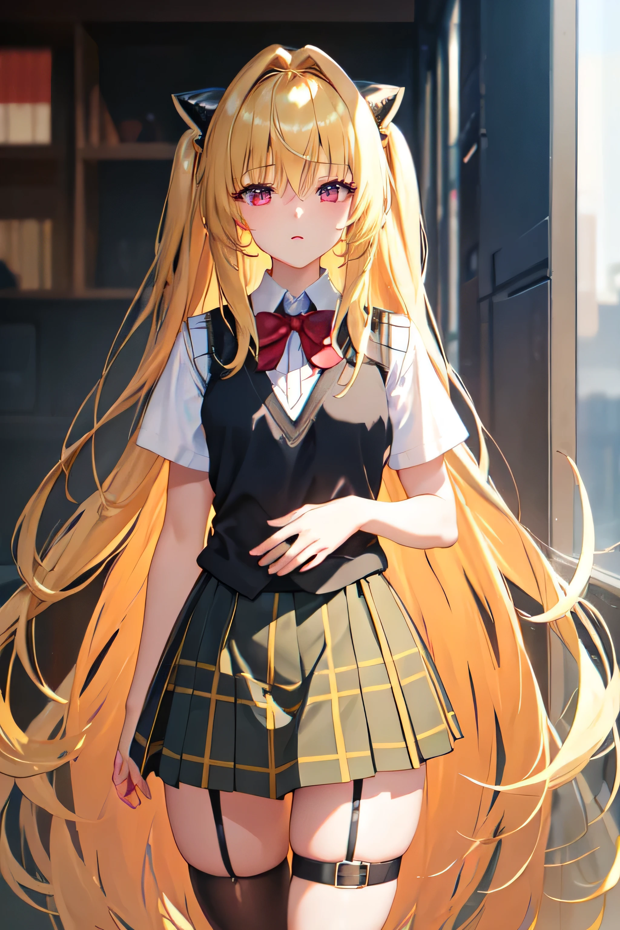 (masterpiece:1.6, best quality), (finely detailed beautiful eyes: 1.2), phyami, yamisch, 1girl, long hair, solo, , hair ornament, hair between eyes, two side up, blonde hair, very long hair, skirt, red eyes, thigh strap, sweater vest, plaid skirt, plaid, socks, two side up, hair ornament, pleated skirt, kneehighs
, Pussy