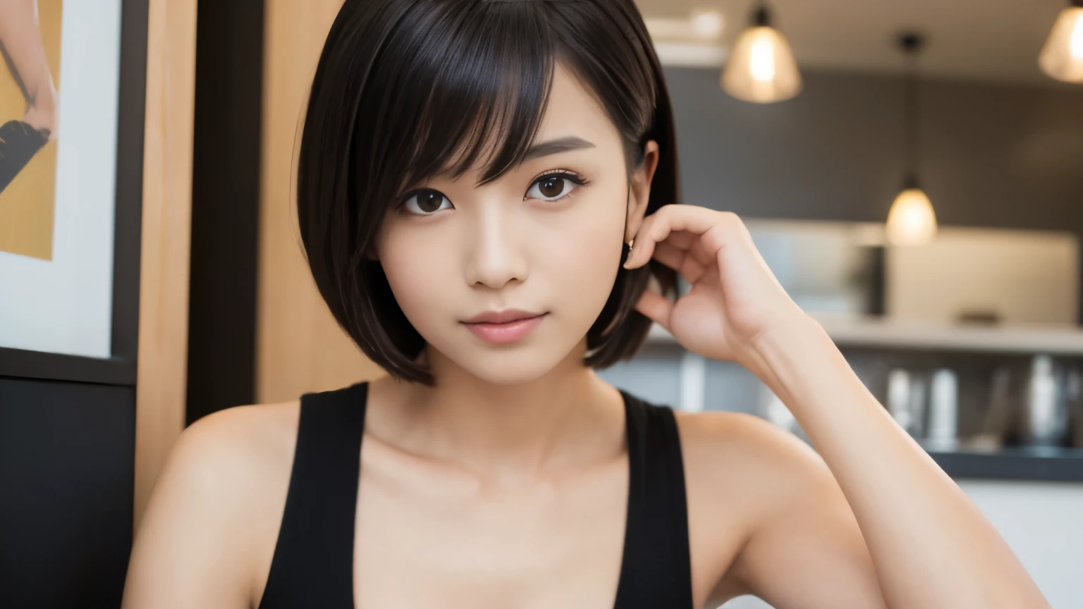 ((masterpiece, highest quality, High resolution)), 1 girl, (realistic: 1.4), Japanese, 20-year-old, Mannish short hair is stylish. A stylish face type, Exude a cool and confident attitude. The background is a stylish cafe interior with professional lighting., And she&#39;s posing directly for the camera, Exudes something strong, Confident presence. Her outfit complements her mannish and stylish look, Perfect match for her short hair and stylish personality, (draw the upper body, shoulder),
