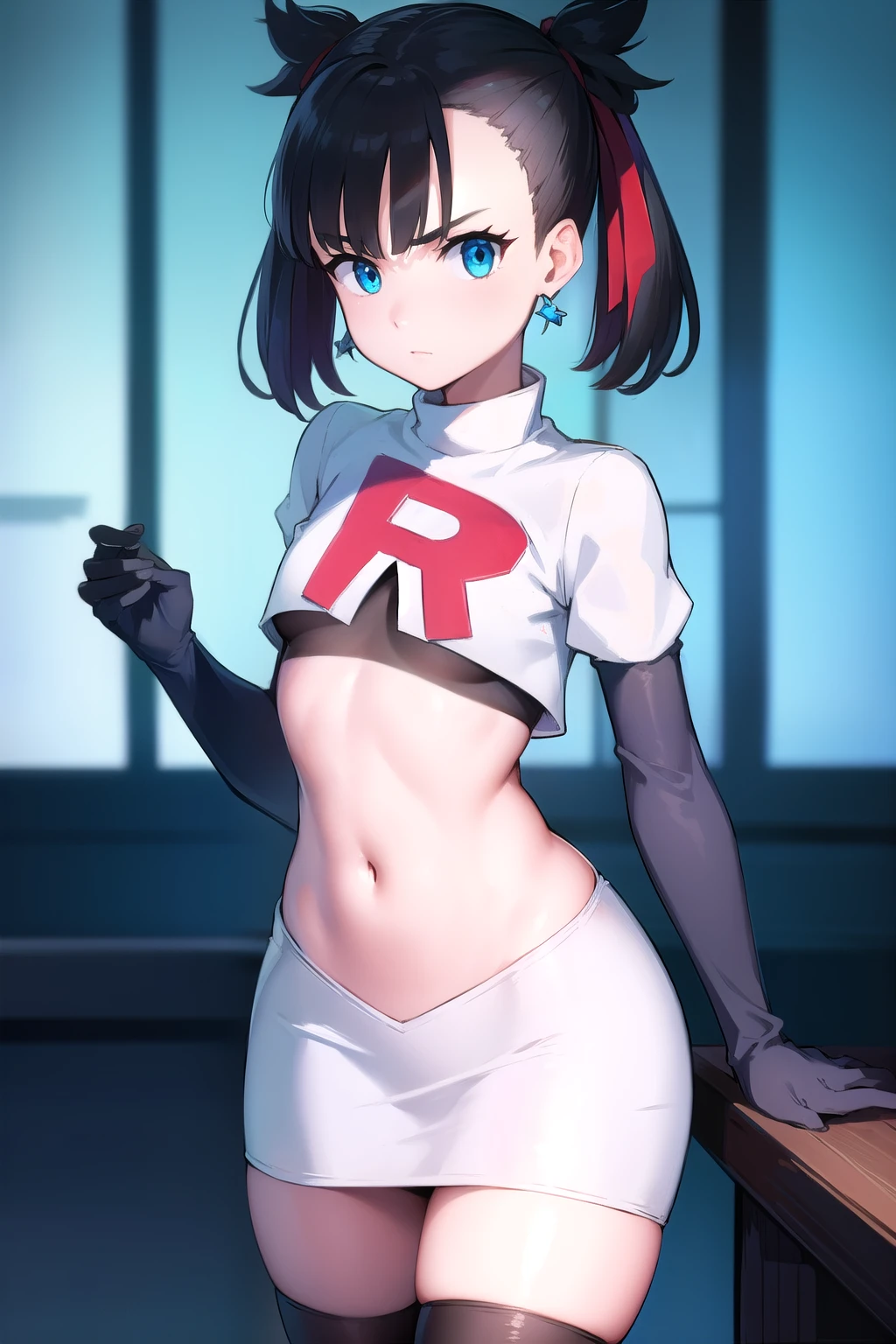 pokemonmarnie, pokemonmarnie, aqua eyes, asymmetrical bangs, asymmetrical hair, black hair, hair ribbon, long hair, red ribbon, ribbon, twintails, (small breasts:1.2),
BREAK earrings, jewelry, team rocket,team rocket uniform, red letter R, white skirt,white crop top,black thigh-highs,black elbow gloves
BREAK looking at viewer,
BREAK (masterpiece:1.2), best quality, high resolution, unity 8k wallpaper, (illustration:0.8), (beautiful detailed eyes:1.6), extremely detailed face, perfect lighting, extremely detailed CG, (perfect hands, perfect anatomy),