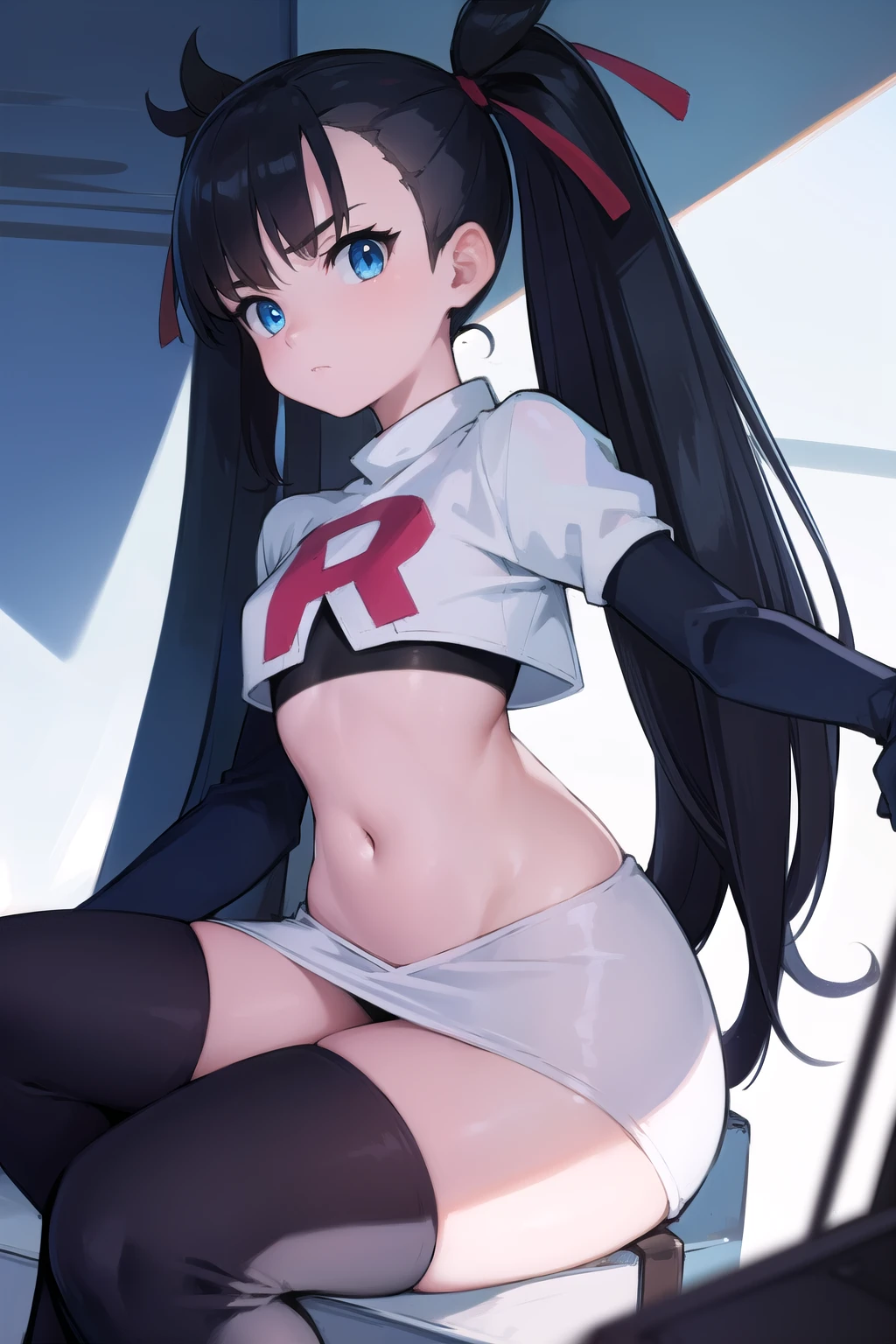 pokemonmarnie, pokemonmarnie, aqua eyes, asymmetrical bangs, asymmetrical hair, black hair, hair ribbon, long hair, red ribbon, ribbon, twintails, (small breasts:1.2),
BREAK earrings, jewelry, team rocket,team rocket uniform, red letter R, white skirt,white crop top,black thigh-highs,black elbow gloves
BREAK looking at viewer,
BREAK (masterpiece:1.2), best quality, high resolution, unity 8k wallpaper, (illustration:0.8), (beautiful detailed eyes:1.6), extremely detailed face, perfect lighting, extremely detailed CG, (perfect hands, perfect anatomy),