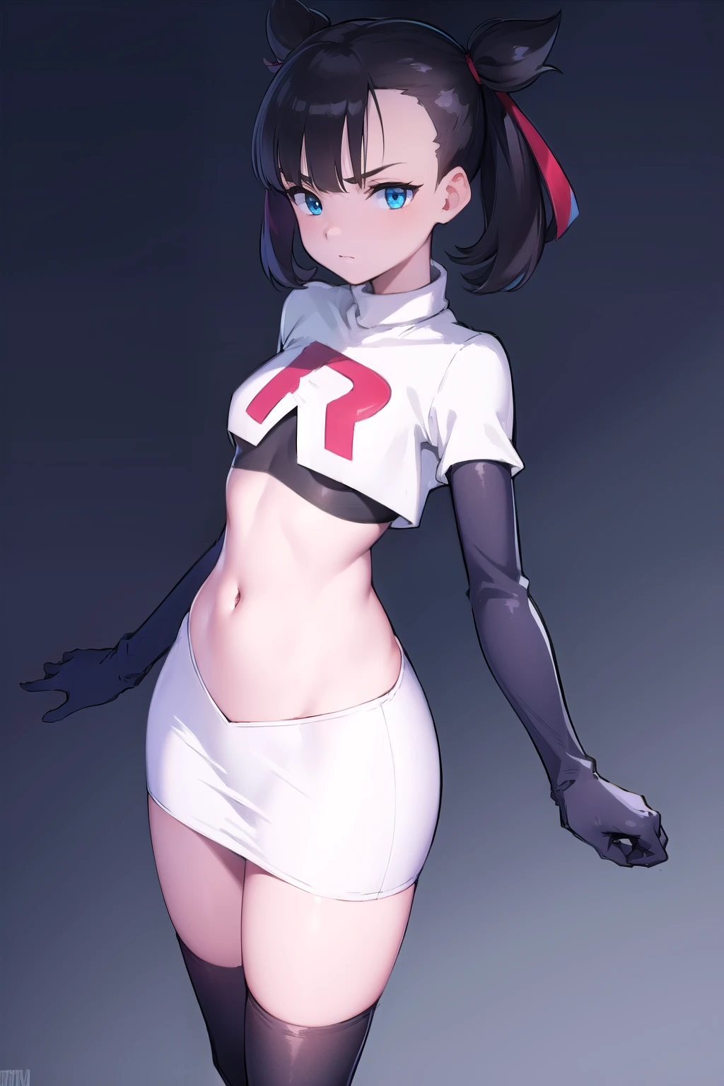 pokemonmarnie, pokemonmarnie, aqua eyes, asymmetrical bangs, asymmetrical hair, black hair, hair ribbon, long hair, red ribbon, ribbon, twintails, (small breasts:1.2),
BREAK earrings, jewelry, team rocket,team rocket uniform, red letter R, white skirt,white crop top,black thigh-highs,black elbow gloves
BREAK looking at viewer,
BREAK (masterpiece:1.2), best quality, high resolution, unity 8k wallpaper, (illustration:0.8), (beautiful detailed eyes:1.6), extremely detailed face, perfect lighting, extremely detailed CG, (perfect hands, perfect anatomy),