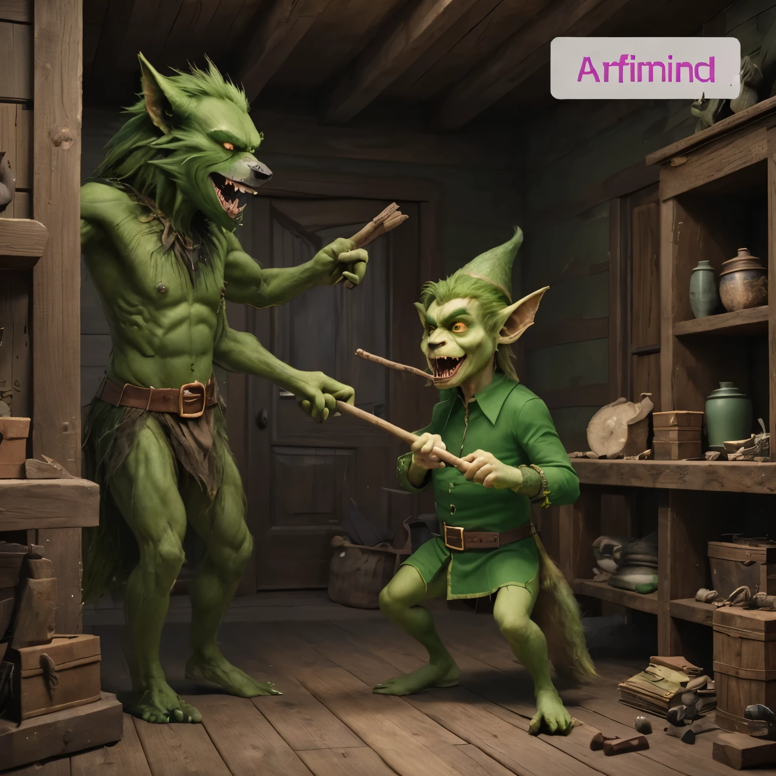 A male green gobling holding a stick thats arguing with a male black werewolf both inside a house and both angry