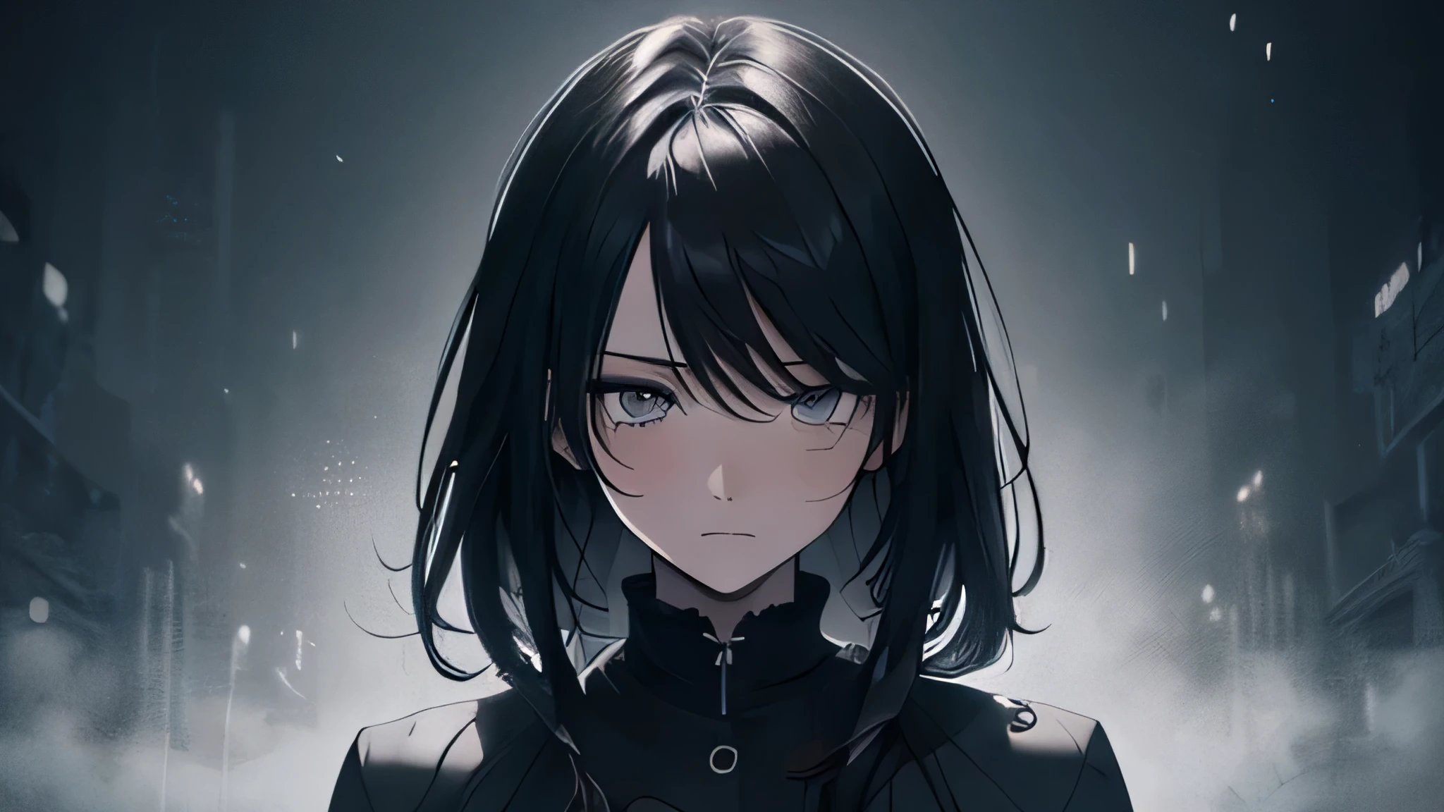 (best quality, hyper-detailed, masterpiece, beautiful image) digital art, manhwa art, 4k, anime, young adult, medium black hair, cold expression, melancholic, black and white clothes, dark background scenery, half the body up, masculine
