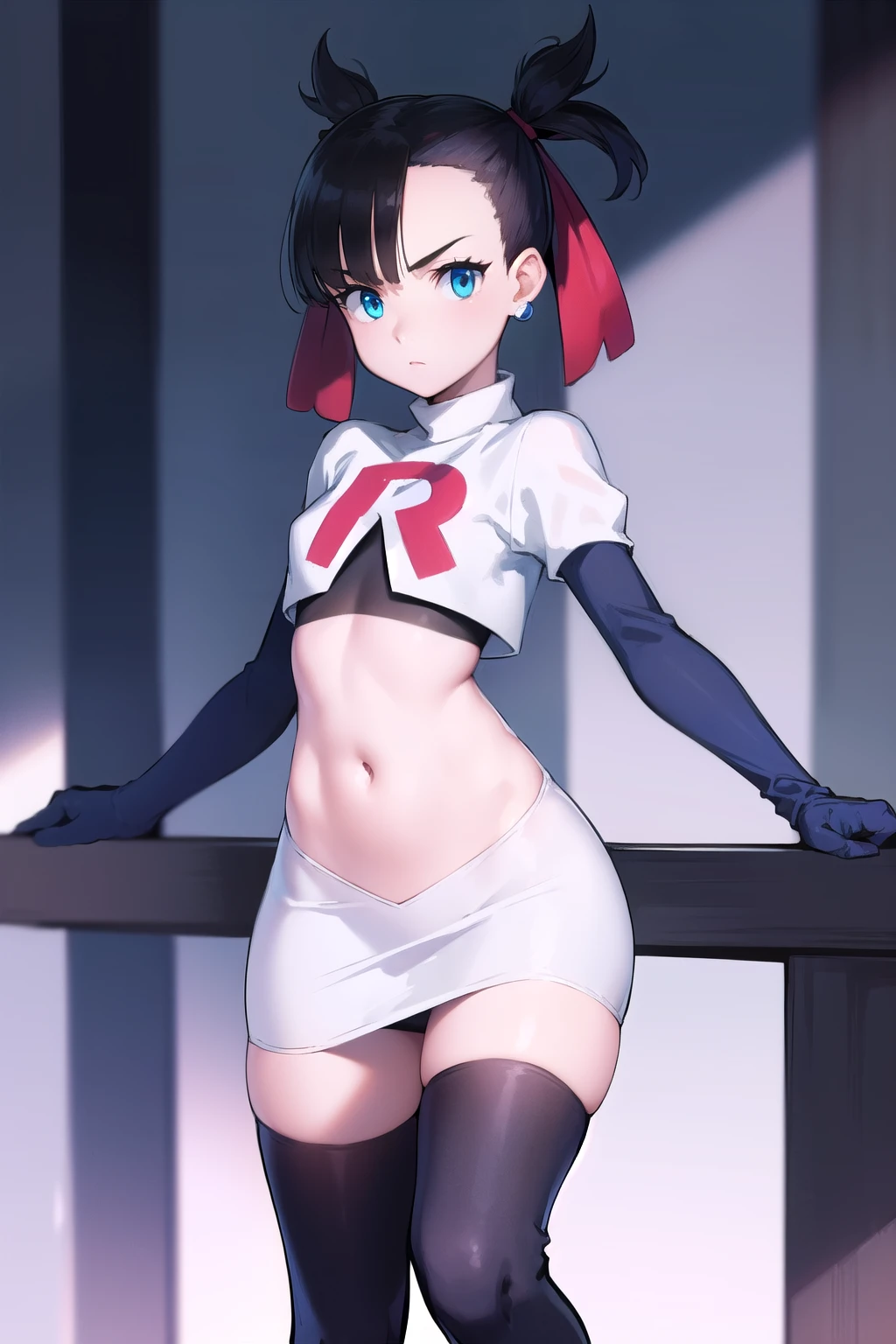 pokemonmarnie, pokemonmarnie, aqua eyes, asymmetrical bangs, asymmetrical hair, black hair, hair ribbon, long hair, red ribbon, ribbon, twintails, (small breasts:1.2),
BREAK earrings, jewelry, team rocket,team rocket uniform, red letter R, white skirt,white crop top,black thigh-highs,black elbow gloves
BREAK looking at viewer,
BREAK (masterpiece:1.2), best quality, high resolution, unity 8k wallpaper, (illustration:0.8), (beautiful detailed eyes:1.6), extremely detailed face, perfect lighting, extremely detailed CG, (perfect hands, perfect anatomy),