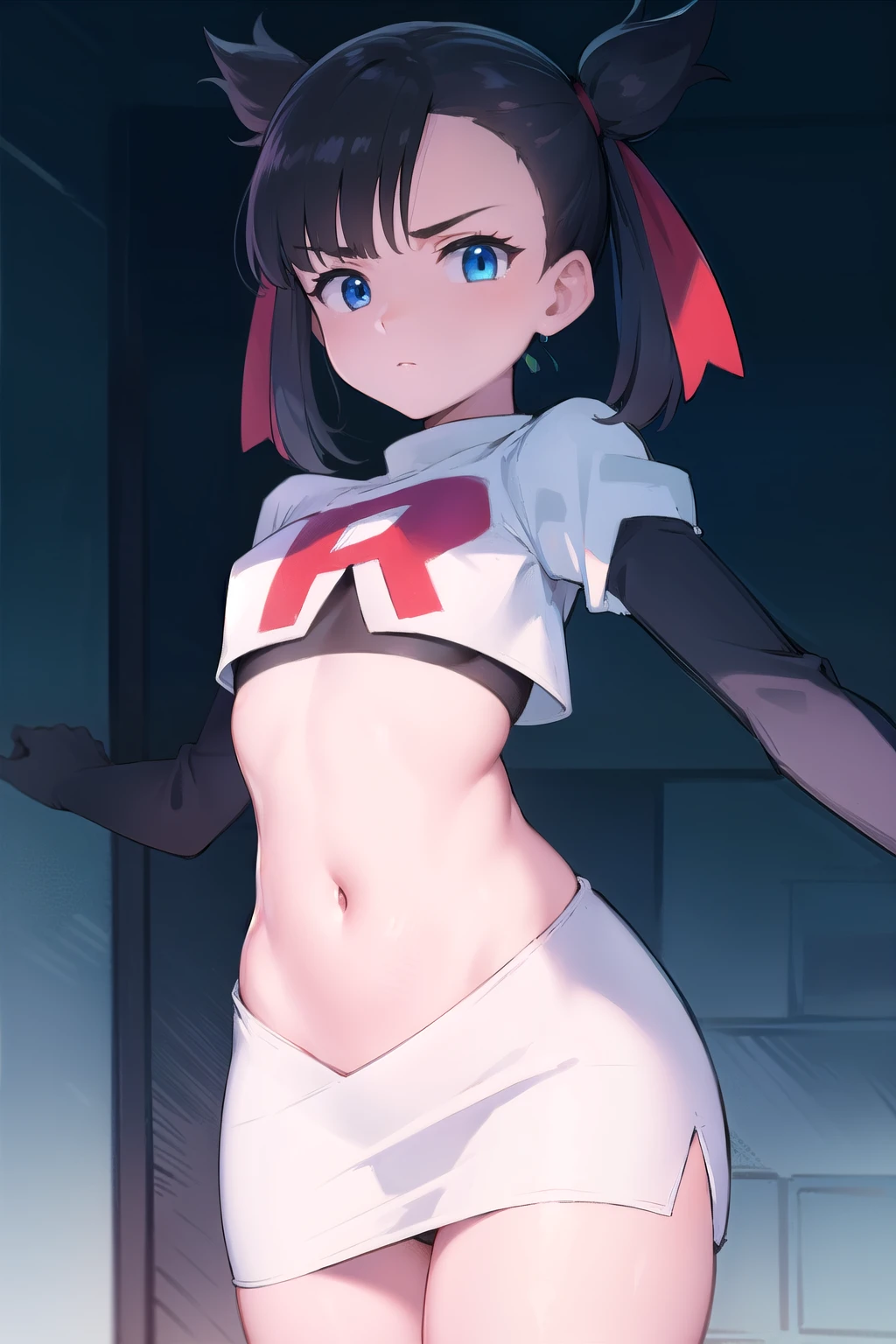 pokemonmarnie, pokemonmarnie, aqua eyes, asymmetrical bangs, asymmetrical hair, black hair, hair ribbon, long hair, red ribbon, ribbon, twintails, (small breasts:1.2),
BREAK earrings, jewelry, team rocket,team rocket uniform, red letter R, white skirt,white crop top,black thigh-highs,black elbow gloves
BREAK looking at viewer,
BREAK (masterpiece:1.2), best quality, high resolution, unity 8k wallpaper, (illustration:0.8), (beautiful detailed eyes:1.6), extremely detailed face, perfect lighting, extremely detailed CG, (perfect hands, perfect anatomy),