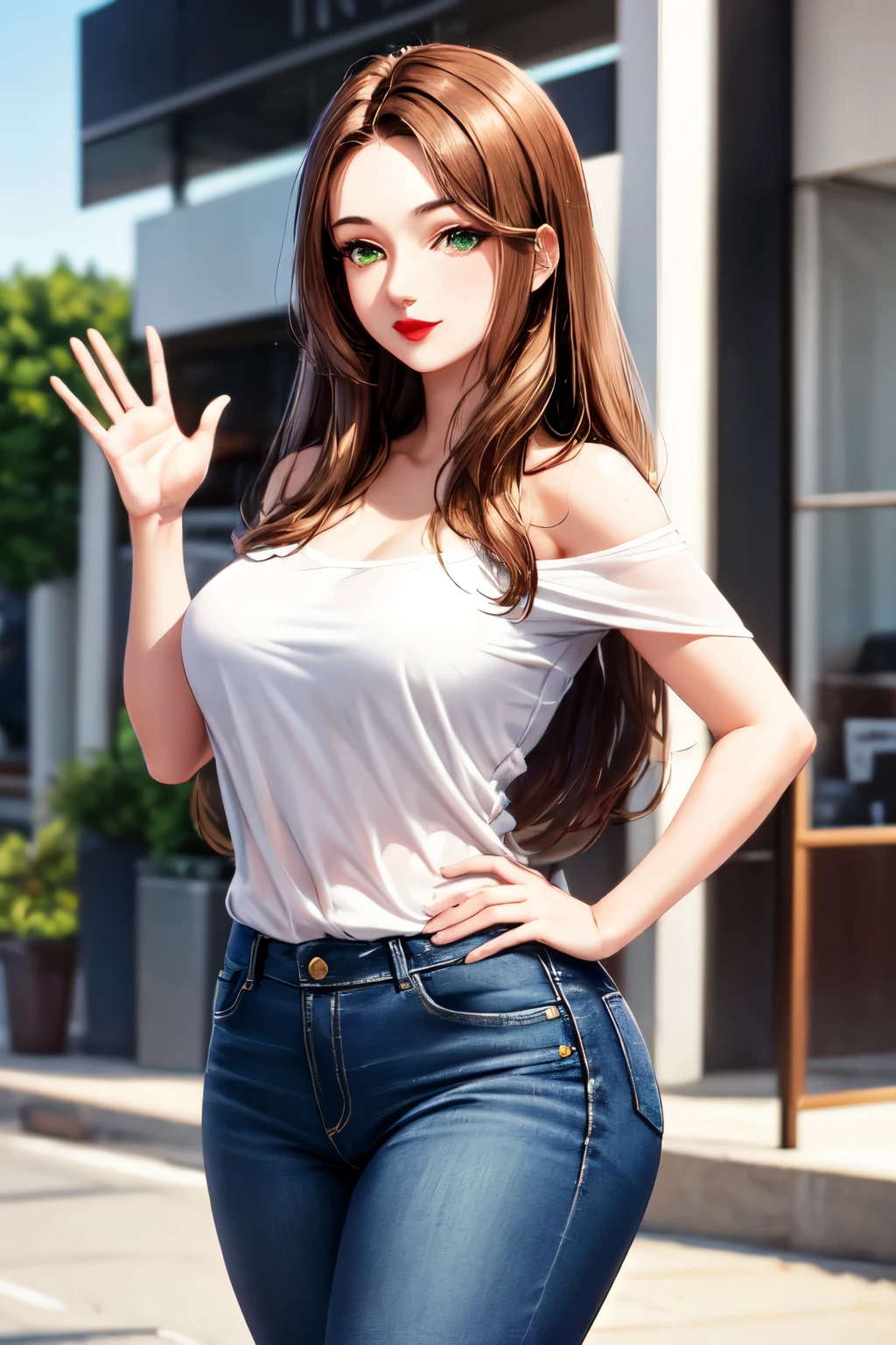 ((best quality)), ((masterpiece)), (detailed), perfect face, hazel brown hair, shoulder long hair, pale skin, red lipstick, green eyes, woman, 24 years old, medium breasts, 165cm tall, sexy look, looking at camera, proportionate body, plump, jeans, blouse, waving hand, outside