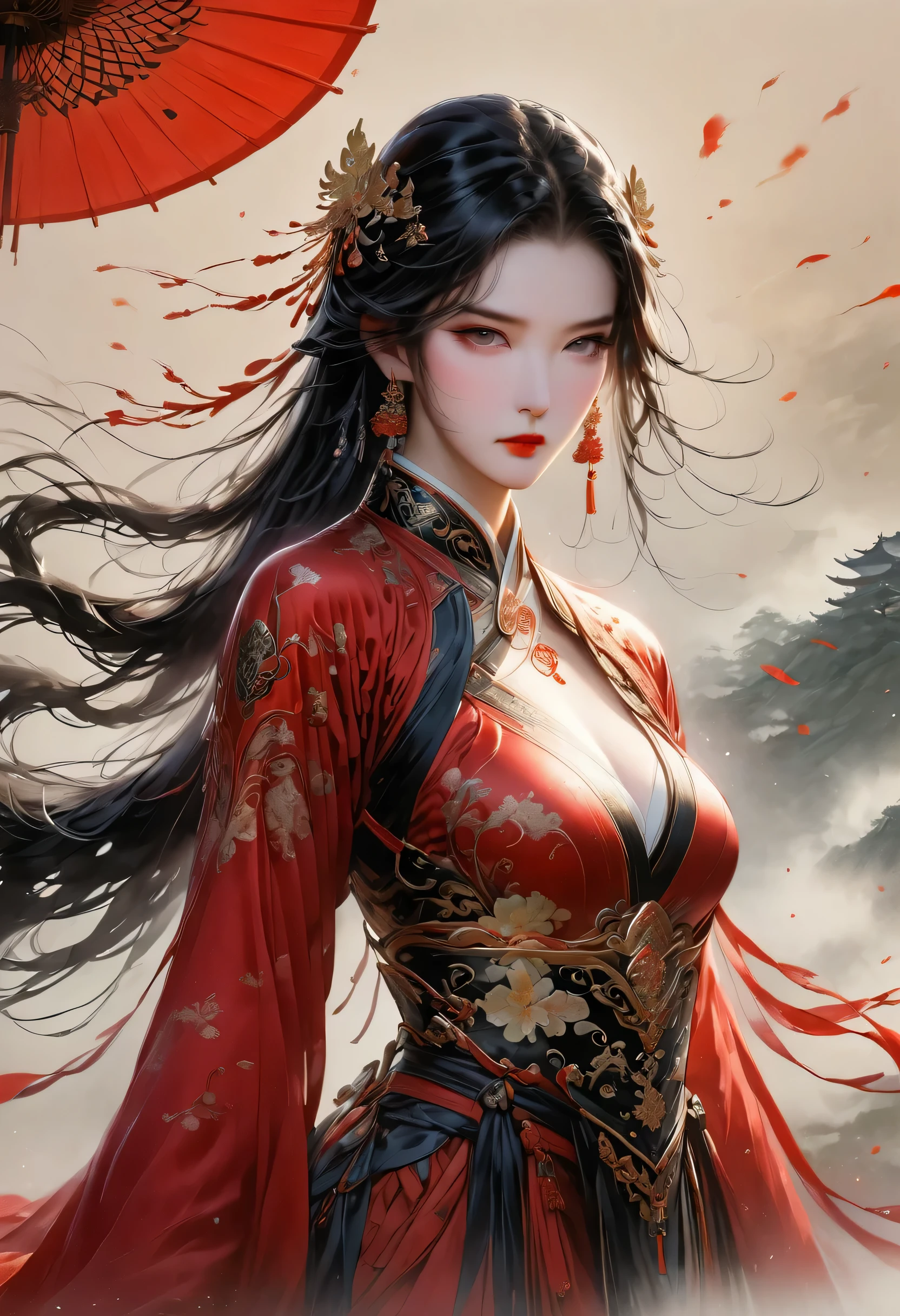 1 girl, Miss, Handsome, ink, Chinese armor, ((2.5D)), black hair, flowing hair, exquisite eyes, Black and red antique brocade Hanfu, field of view, (F1.8), (masterpiece), (Portrait shoot), Frontal shooting, White background, (movie poster)