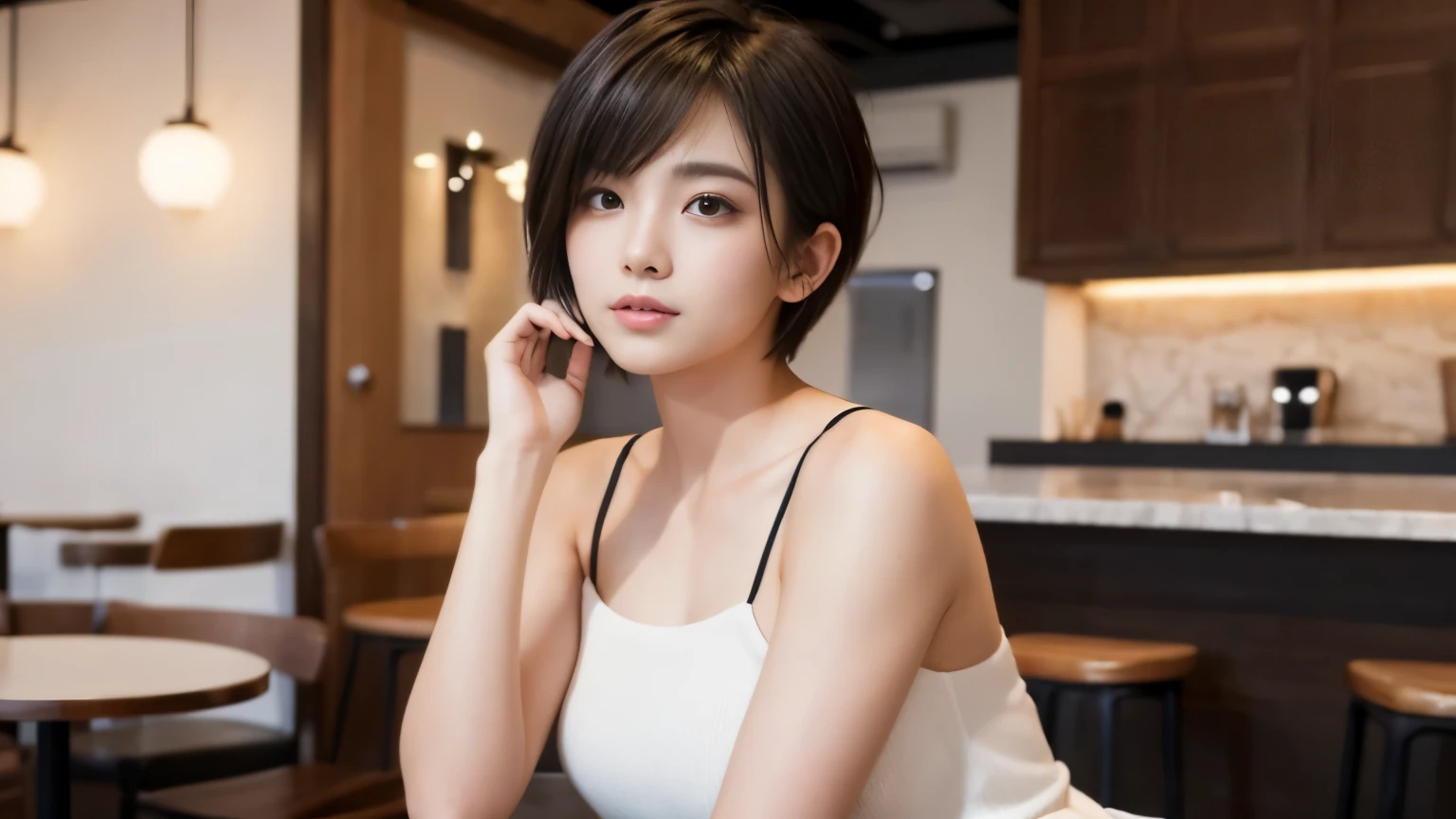 Best-quality, Masterpiece, Ultra-High-Resolution, (Photorealistic:1.4), Raw-Photo, 1girl, 15-years-old, the most famous Japanese idol, at Japanese-school changing-room, ((have an orgasm)), looking at viewer, extremely cute face like the most popular Japanese idol, (((extremely beautiful big-black-eyes))), extremely beautiful black-short-cut-haired, extremely beautiful skins, extremely beautiful long-eyelashes, extremely beautiful lips, extremely beautiful shoulders, detailed cute-face, detailed beautiful-big-black-eye, detailed black-short-cut-haired