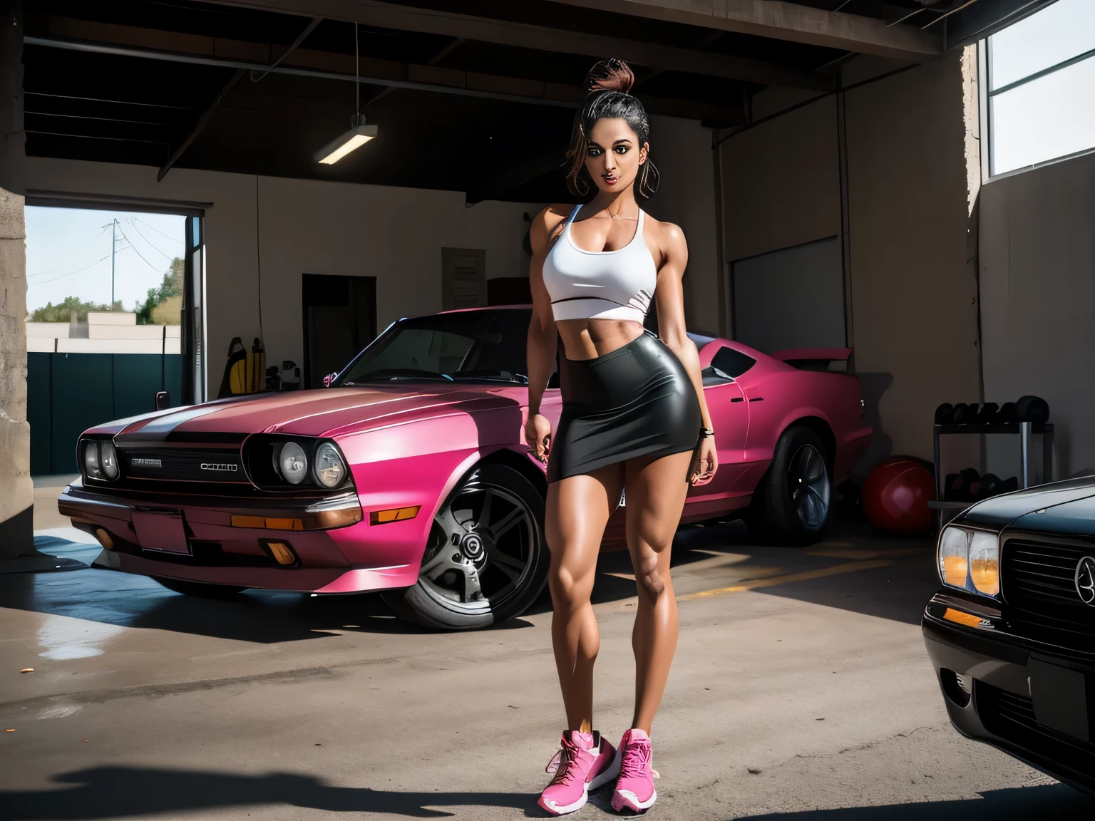 there is a woman standing in front of a car in a garage, fit photo, wearing a white tank top and black skirt, in front of a garage, fit, full body photo, wearing a tank top and shorts, full body - front photo. She is 155 cm tall and around 35 years old. A woman with tanned white skin and dark hair. She is about 35 years old. Slightly plump lips, dark brown eyes. Perfect body, slim body, slim waist. tanned skin, soft lips, pink lipstick, a feeling of lightness and joy, hyperrealism, very elaborate skin. Fitness woman, physically fit woman, full body photo, clear photo, high quality, high resolution, masterpiece, 8K.