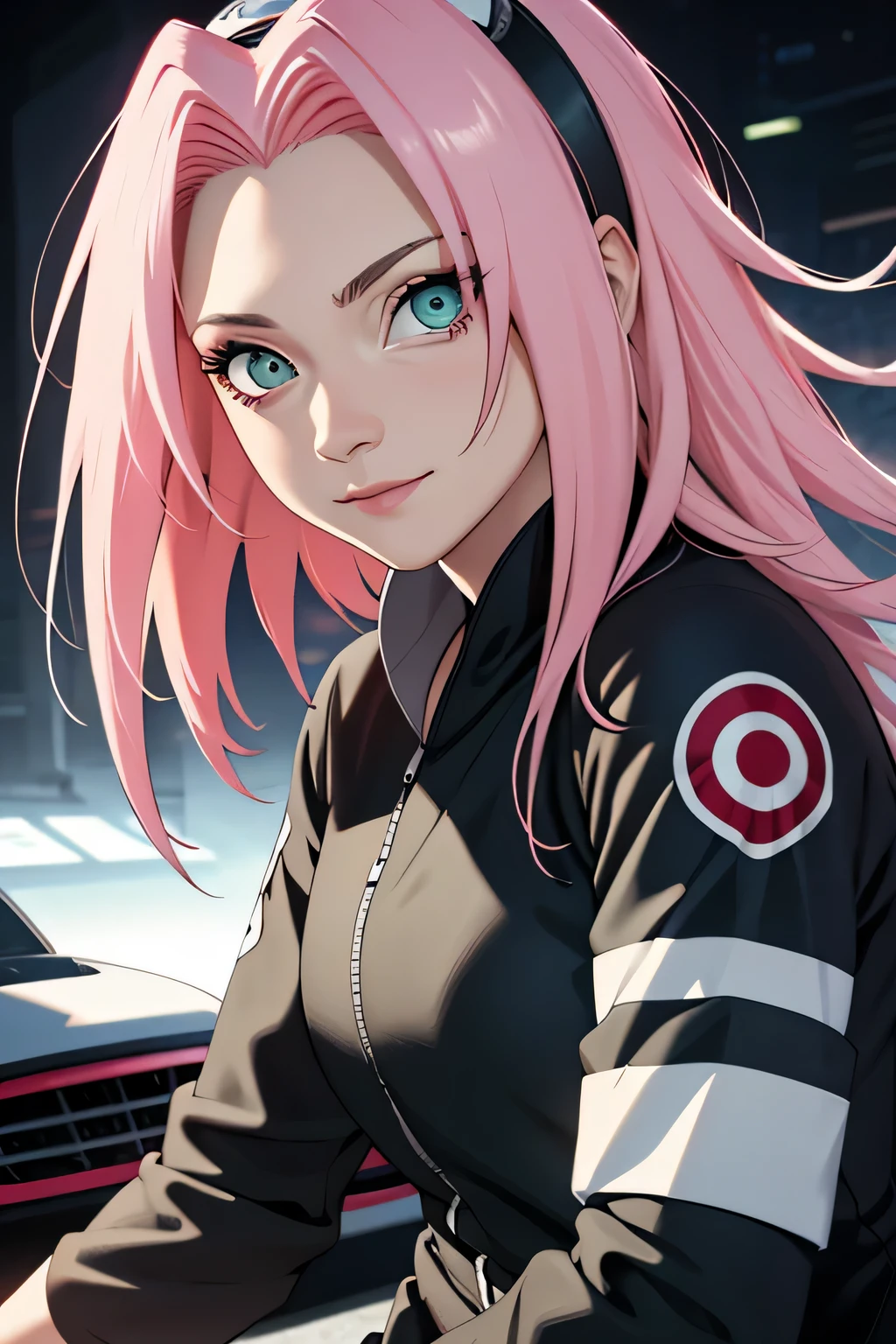 tmasterpiece, Best quality at best, 1girll, Sakura Haruno,Raised sexy,is shy,ssmile,with pink hair, long whitr hair, (Green eyeballs:1.4), Forehead protection, Pole Position, anime style, standing beside car, bright colors, dynamic lighting, shiny finish, attention to detail, full silver and line f1 car, full dark black driver suit with three pointed star logo, exciting atmosphere, vivid expressions
