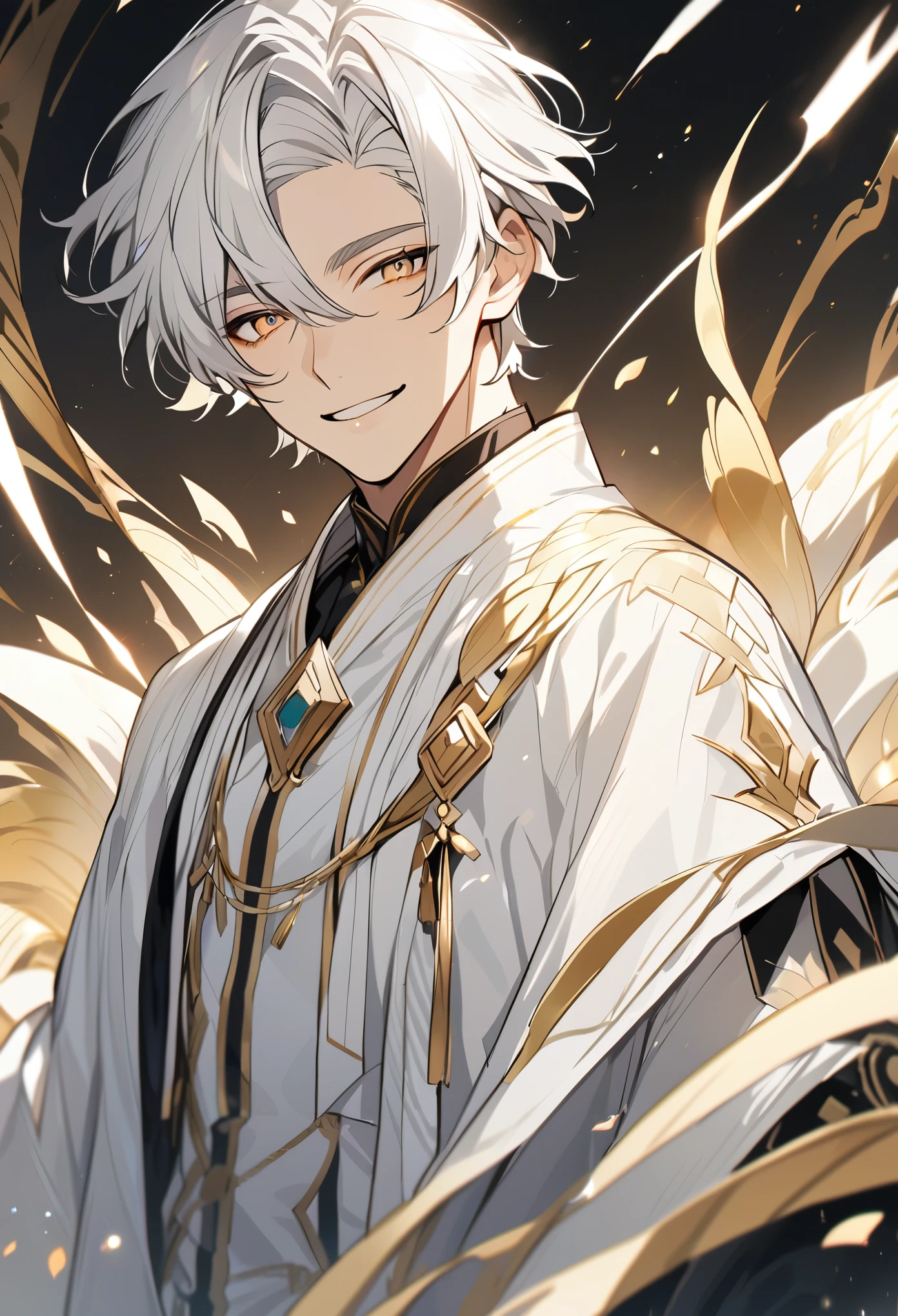 Handsome, solo, 1 male, short hair, gold eyes, white hair, white robe, smile facial
