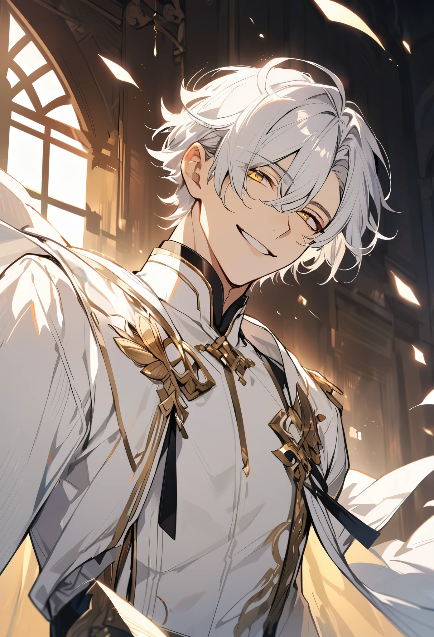 Handsome, solo, 1 male, short hair, gold eyes, white hair, white robe, smile facial