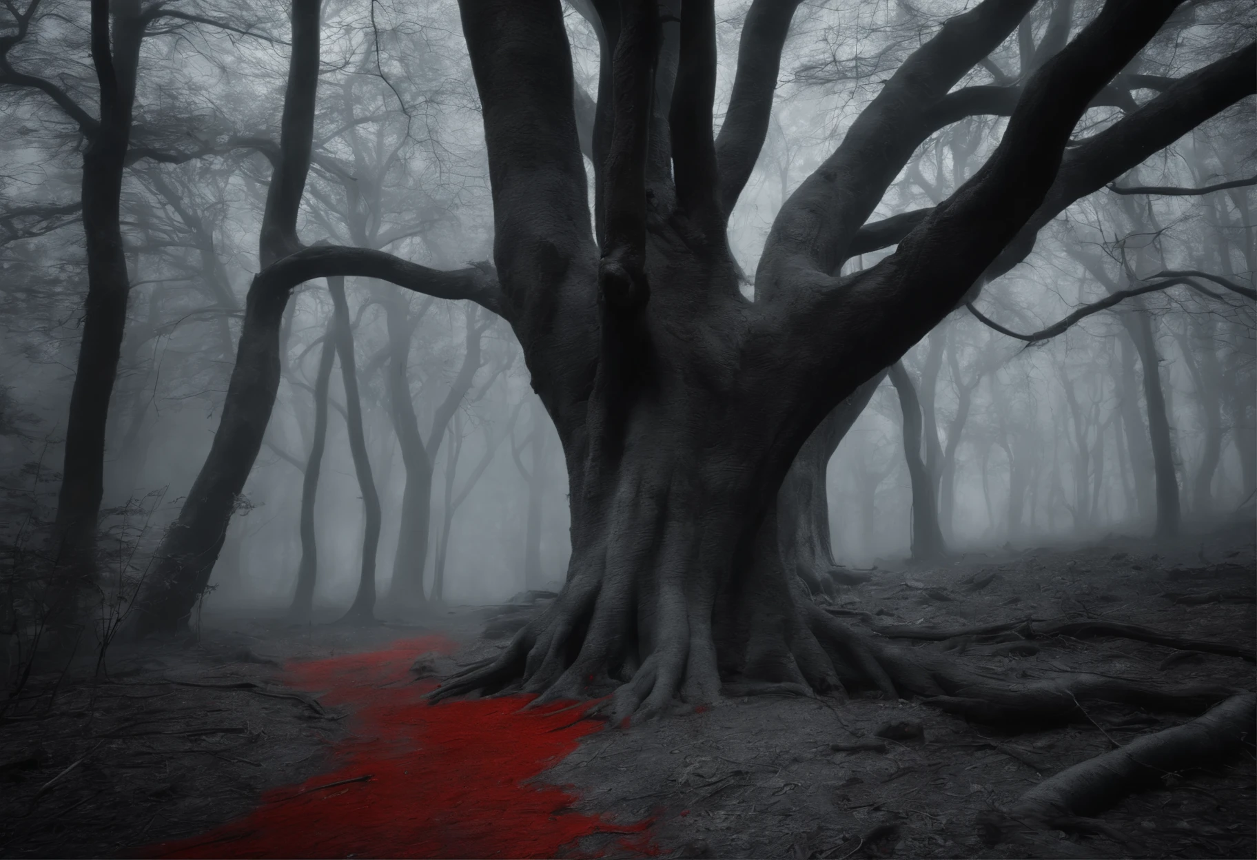 Day with a lifeless and colorless world in a gray forest with distorted trees and a lot of blood spilled on the grass and trees