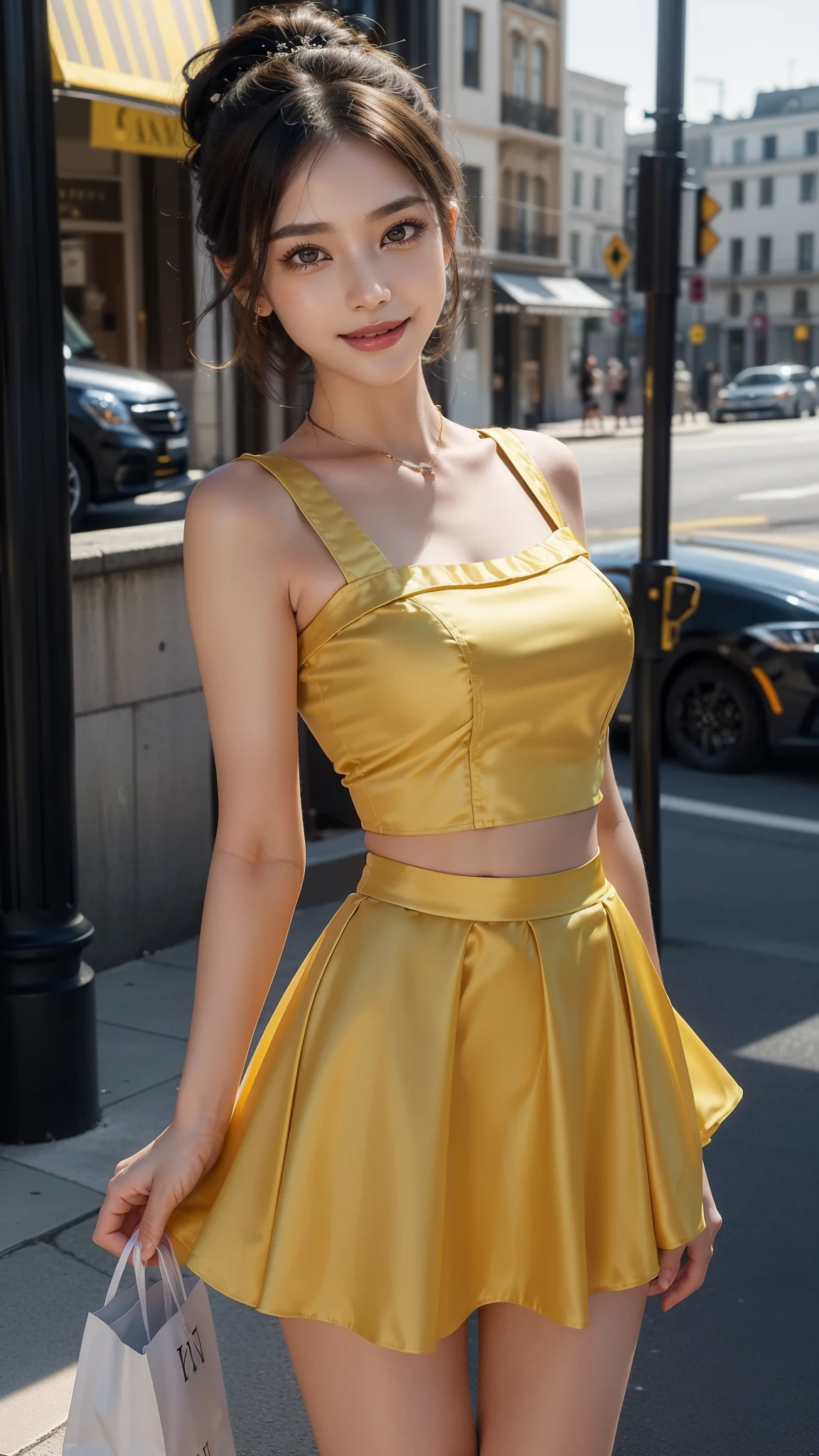 8k, masterpiece, RAW photo, best quality, photorealistic, extremely detailed CG unity 8k wallpaper, Depth of field, Cinematic Light, Lens Flare, Ray tracing, (extremely beautiful face, beautiful lips, beautiful eyes), intricate detail face, ((ultra detailed skin)) 1girl, in the dark, deep shadow, pretty Asian girl, idol, 1 girl, (very slim slender fit-muscled body:1.3), ((looking at viewer)),((big smile:1.3)), (tight satin yellow laced blouse), ((satin yellow color blouse)), (short sleeve) , (city night, dark night, (neon sign), (blurred background), dim lights, cityscape, rooftops, beautiful earrings, bracelets, necklace, pantyhose, clear eyes, (pale skin), (big eyes), face forward, ((upper body shot)), (silky satin yellow color above knee length skirt), (Black hairs),((satin silky yellow laced skirt)), (looking at viewer:1.3), (very slim), Breast, super round big breasts under the dress, ((flooming laced)), updo hair, mini skirt, short hair, short skirt, 4 Different types poses, Cinematic photography, Sexy angles, medium butt,