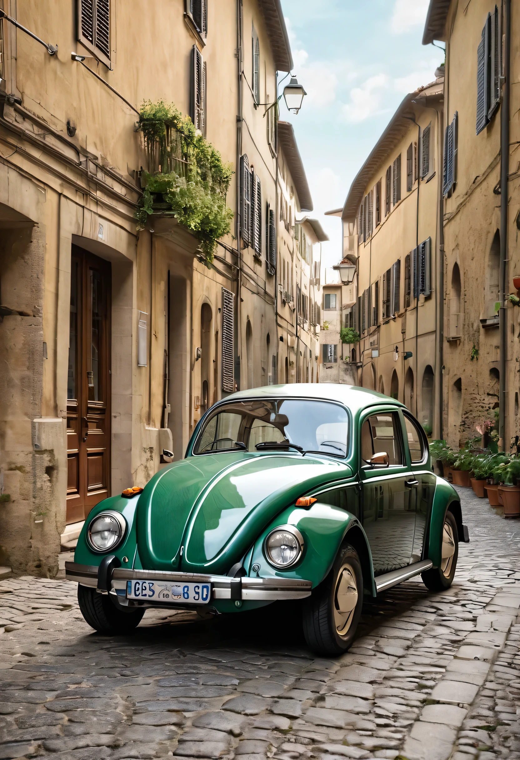 Create an image that summarizes the following: In Europe:
• In the narrow and charming streets of cities like Paris and Rome, the Beetle becomes agile and easy to maneuver, allowing you to explore every corner with ease.
• On Germany's autobahns, the Beetle can surprise with its speed and performance, providing an exciting journey.
• In the bucolic landscapes of Tuscany, the Beetle becomes a charming and unforgettable travel companion.