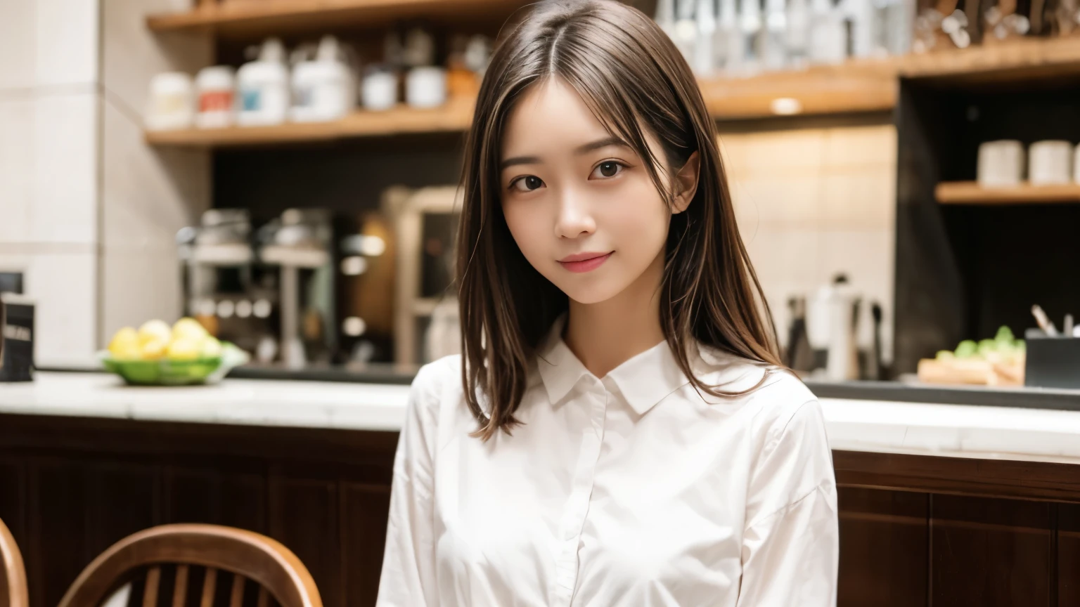 masterpiece, best quality, 8k, disorganized person, (Upper body:1.4), stylish cafe,white shirt, beautiful girl, pretty face, looking at the viewer, smile, super realistic, high resolution, picture, sharp focus, HDR, face light, dynamic lighting, movie lighting, professional shadow, beautiful cafe background, best details, very detailed, Super detailed, finely, real skin, delicate facial features, detailed face and eyes, sharp pupils、real students