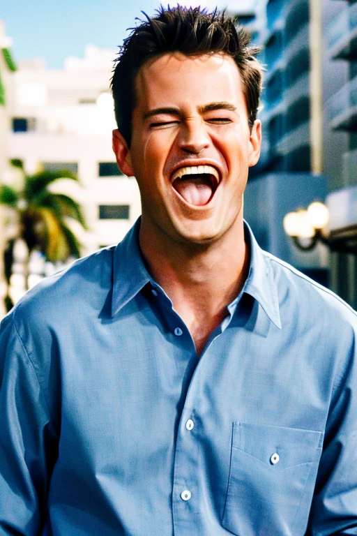 1boy, upper body, looking at viewer,  chandler, chandler bing, laughing, teeth, in miami beach,
outdoors, 
masterpiece, high quality, absurdres, realistic,