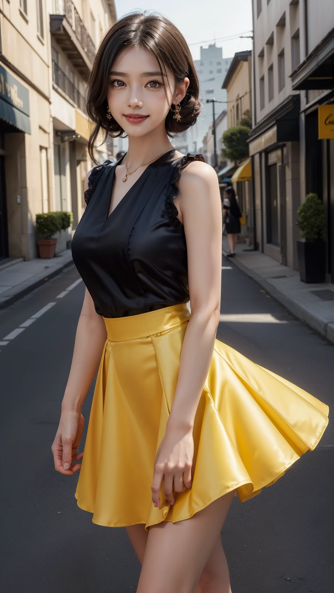 8k, masterpiece, RAW photo, best quality, photorealistic, extremely detailed CG unity 8k wallpaper, Depth of field, Cinematic Light, Lens Flare, Ray tracing, (extremely beautiful face, beautiful lips, beautiful eyes), intricate detail face, ((ultra detailed skin)) 1girl, in the dark, deep shadow, pretty Asian girl, idol, 1 girl, (very slim slender fit-muscled body:1.3), ((looking at viewer)),((big smile:1.3)), (tight satin yellow laced blouse), ((satin yellow color blouse)), (short sleeve) , (city Day Light), Morning Vibes, (Luxurious shopping streets background), cityscape, rooftops, beautiful earrings, bracelets, necklace, pantyhose, clear eyes, (pale skin), (big eyes), face forward, ((upper body shot)), (silky satin yellow color above knee length skirt), (Black hairs),((satin silky yellow laced skirt)), (looking at viewer:1.3), (very slim), Breast, super round big breasts under the dress, ((flooming laced)), updo hair, mini skirt, short hair, short skirt, 4 Different types poses, Cinematic photography, Sexy angles, medium butt,