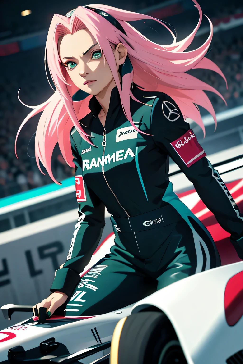 tmasterpiece, Best quality at best, 1girll, Sakura Haruno,Raised sexy,is shy,ssmile,with pink hair, long whitr hair, (Green eyeballs:1.4), Forehead protection, Pole Position, anime style, standing beside car, bright colors, dynamic lighting, shiny finish, attention to detail, full silver and teal line f1 car, full dark black driver suit with Mercedes logo, exciting atmosphere, vivid expressions