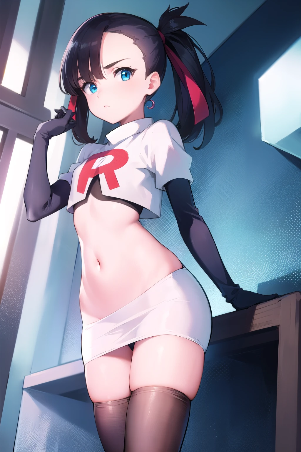 pokemonmarnie, pokemonmarnie, aqua eyes, asymmetrical bangs, asymmetrical hair, black hair, hair ribbon, long hair, red ribbon, ribbon, twintails, (small breasts:1.2),
BREAK earrings, jewelry, team rocket,team rocket uniform, red letter R, white skirt,white crop top,black thigh-highs,black elbow gloves
BREAK looking at viewer,
BREAK (masterpiece:1.2), best quality, high resolution, unity 8k wallpaper, (illustration:0.8), (beautiful detailed eyes:1.6), extremely detailed face, perfect lighting, extremely detailed CG, (perfect hands, perfect anatomy),