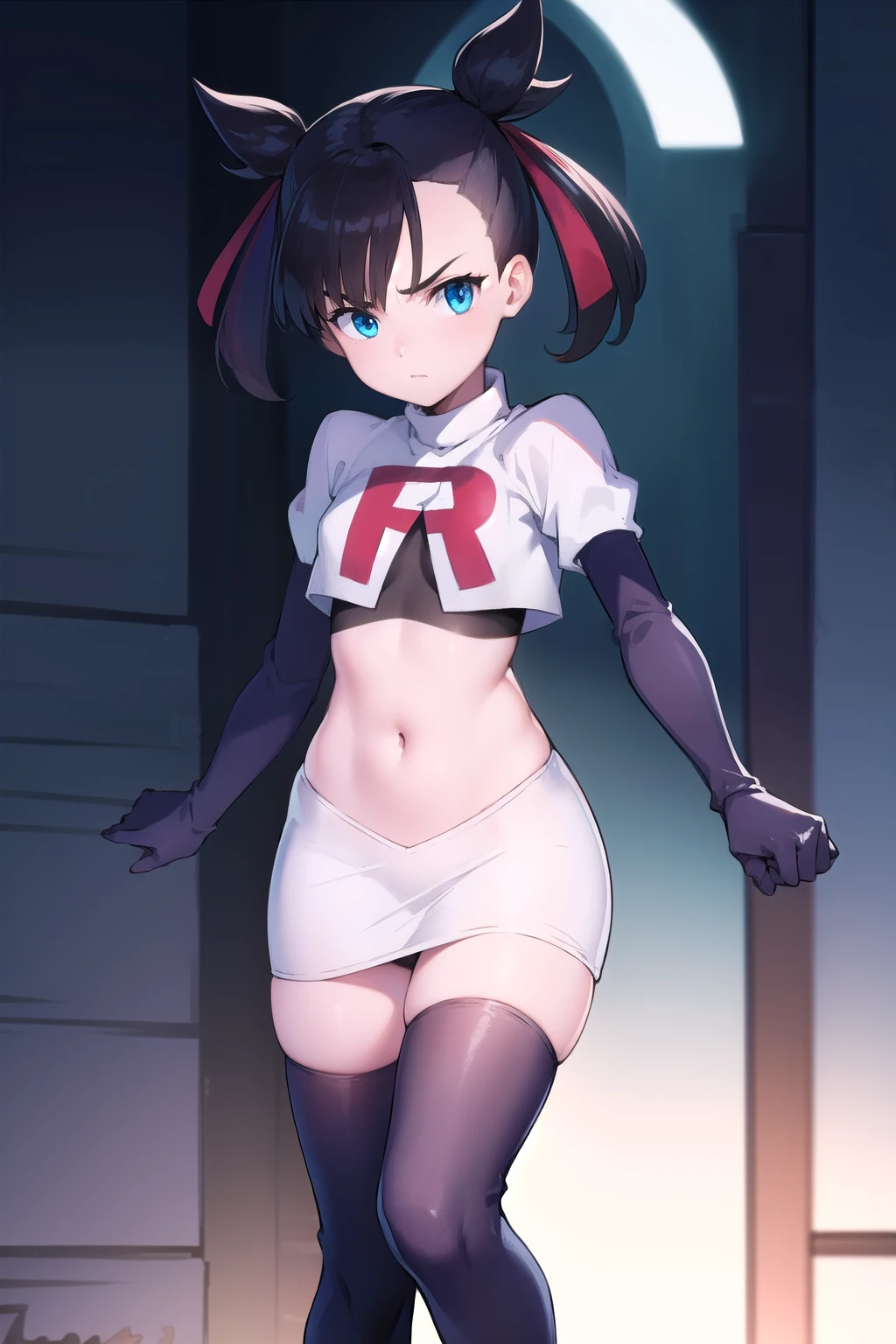 pokemonmarnie, pokemonmarnie, aqua eyes, asymmetrical bangs, asymmetrical hair, black hair, hair ribbon, long hair, red ribbon, ribbon, twintails, (small breasts:1.2),
BREAK earrings, jewelry, team rocket,team rocket uniform, red letter R, white skirt,white crop top,black thigh-highs,black elbow gloves
BREAK looking at viewer,
BREAK (masterpiece:1.2), best quality, high resolution, unity 8k wallpaper, (illustration:0.8), (beautiful detailed eyes:1.6), extremely detailed face, perfect lighting, extremely detailed CG, (perfect hands, perfect anatomy),