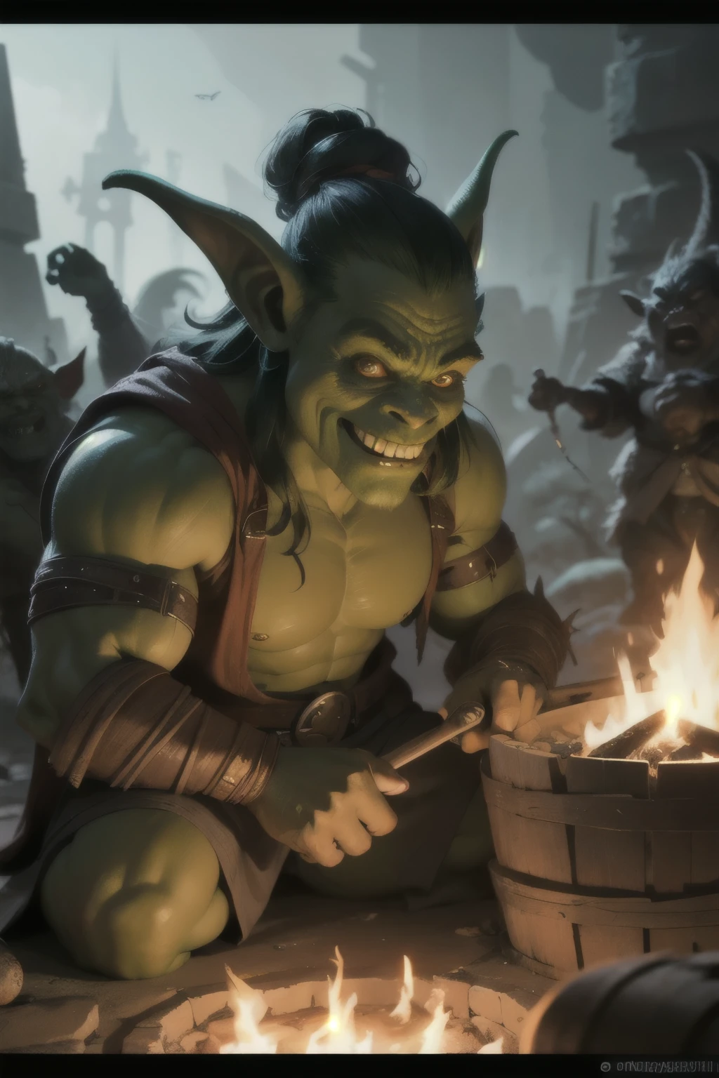 un goblin de la horda color verde contando historias con orcos y trolls de la horda alrededor de una fogata, estilo Blizzard