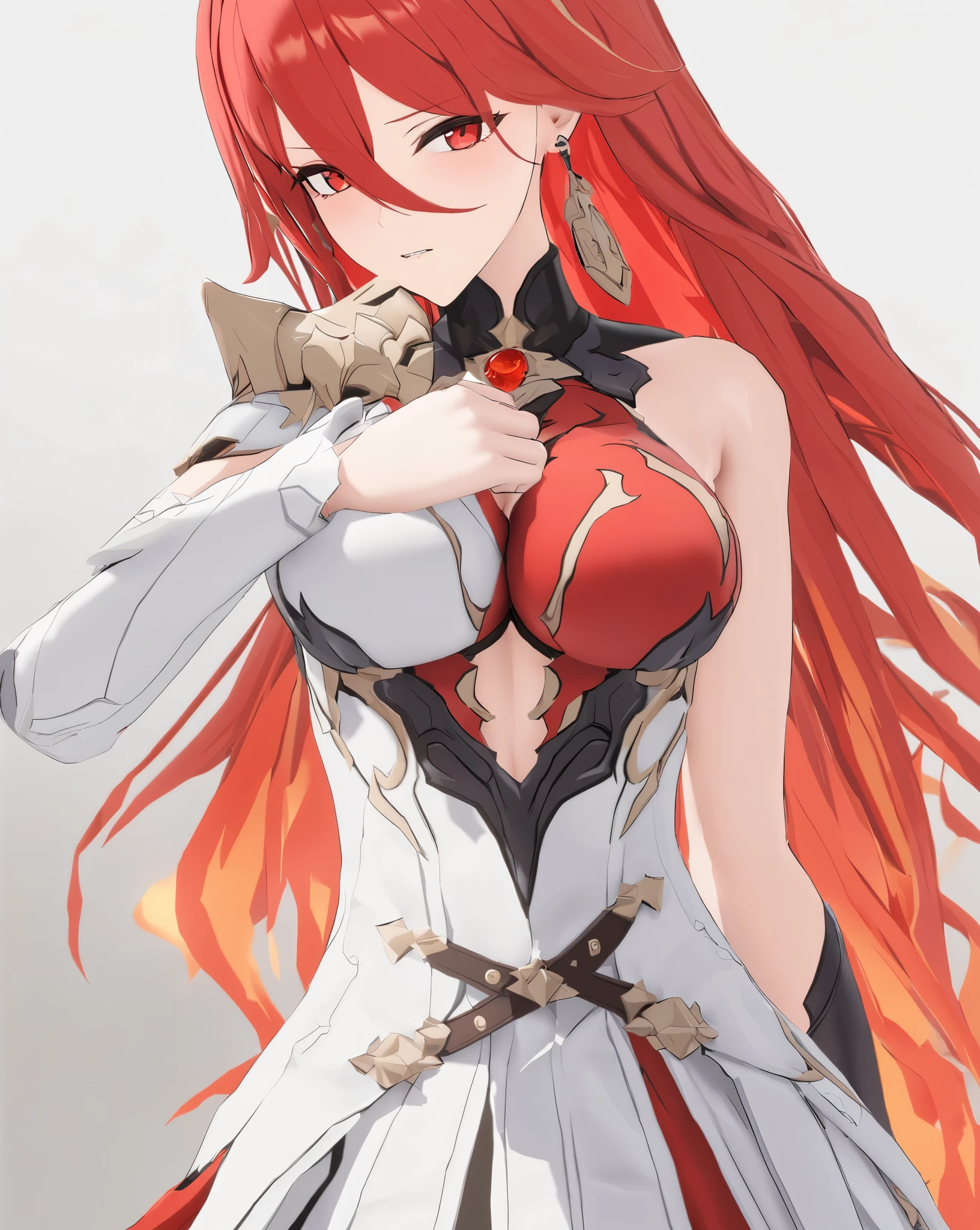 masterpiece, Best quality�����������mmd, 1 girl, breast, alone, long hair, split, Hair fiery red, red eyes, Shut up, earrings, Bangs, jewelry, skirt, bare shoulders, sleeveless, hair between eyes, 单pauldron, looking at the audience, large breast, armor, shoulder armor, sleeveless skirt, Upper body, single sleeve, white skirt, pauldron, Poker face