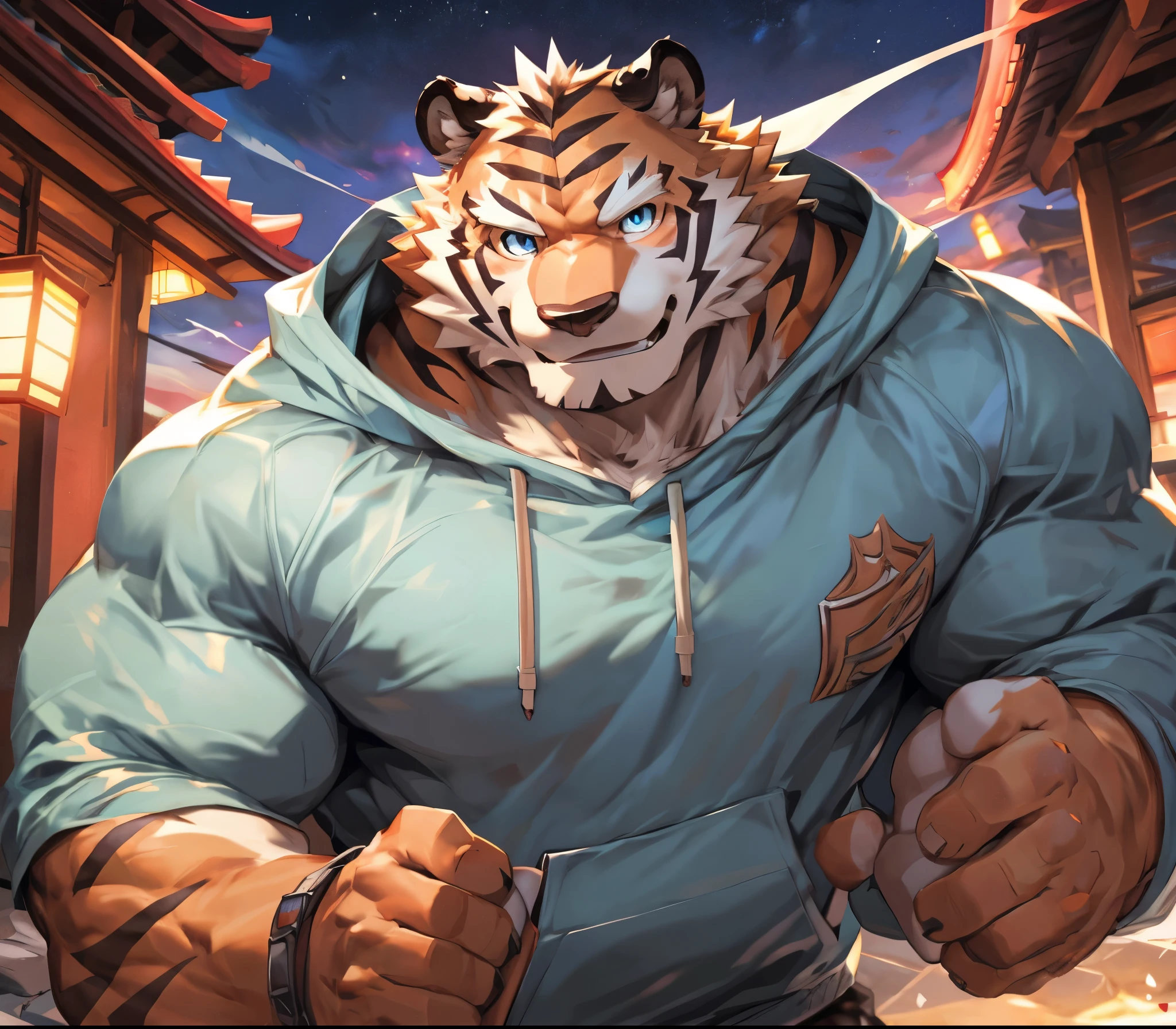 bynamic angle,depth of field, motion blur, absurdres,looking at viewer, (best quality), (masterpiece), (ultra detailed),(detailed eyes),sharp focus,japanese anime,manga,anthro male white tiger,(muscular),big fellow,huge body,((sweatshirt)),sky blue eyes,handsome,night,(flex one’s biceps),by null-ghost,by traver009,by lindong,by pino daeni