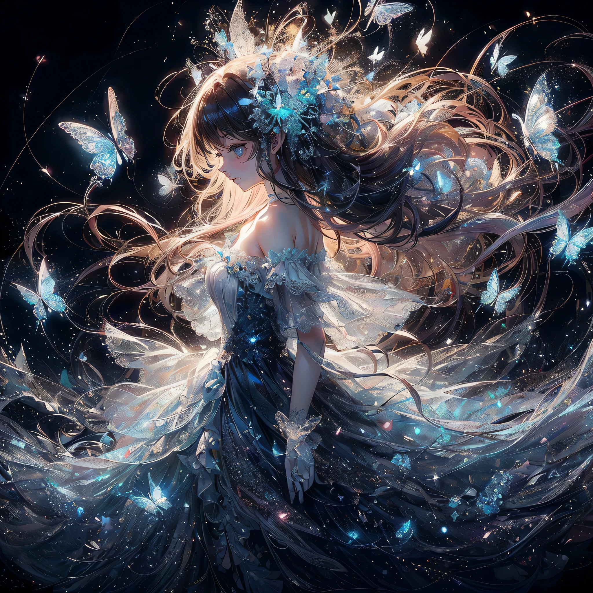 　 (exquisite, beautiful, very detailed, masterpiece, high quality, confused, High resolution, Full HD, 16k), (thin line: 1.2, soft lines:1.2, beautiful and delicate face),  (ESP capability),(The ends of her hair and dress turn into particles of light and dissolve into the air, and around them many small, beautiful, shining butterflies fly.,butterfly on your fingertips),(dark background),(It has butterfly-like fairy wings.),((dynamic angle,whole body visible,whole body)), (seriously), (medium hair:1.5), (tiara, earrings, beautiful choker), ((white gloves,Ball gown dress with fluffy shoulders in pastel colors:1.1, Balloon sleeves,Jewels and white lace and frills, Fairy wings from the back)), (Light pink blush, plump pink lips,big bust,Fair skin, good style), (Brilliant)