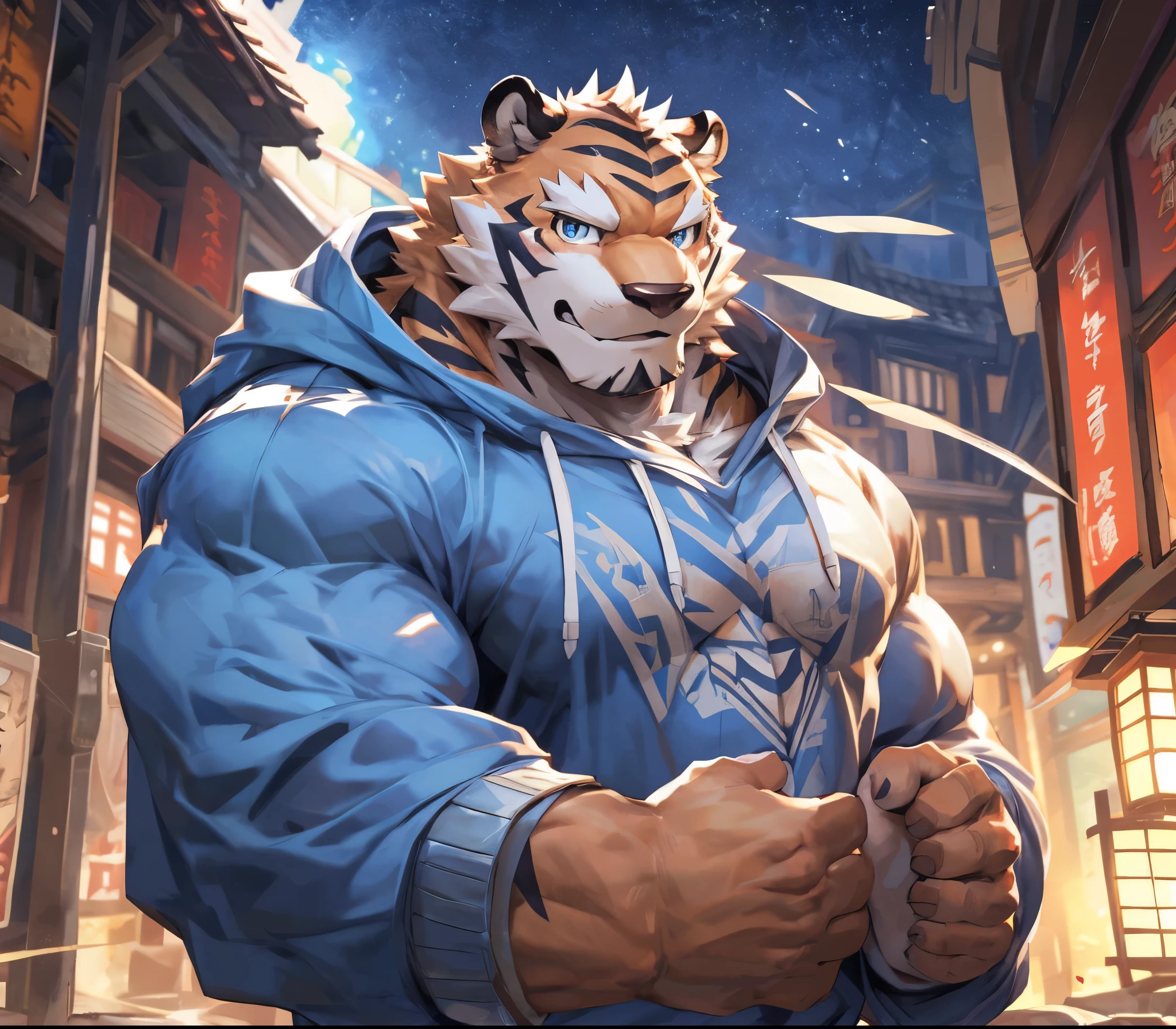 bynamic angle,depth of field, motion blur, absurdres,looking at viewer, (best quality), (masterpiece), (ultra detailed),(detailed eyes),sharp focus,japanese anime,manga,anthro male white tiger,(muscular),big fellow,huge body,((sweatshirt)),sky blue eyes,handsome,night,(flex one’s biceps),by null-ghost,by traver009,by lindong,by pino daeni