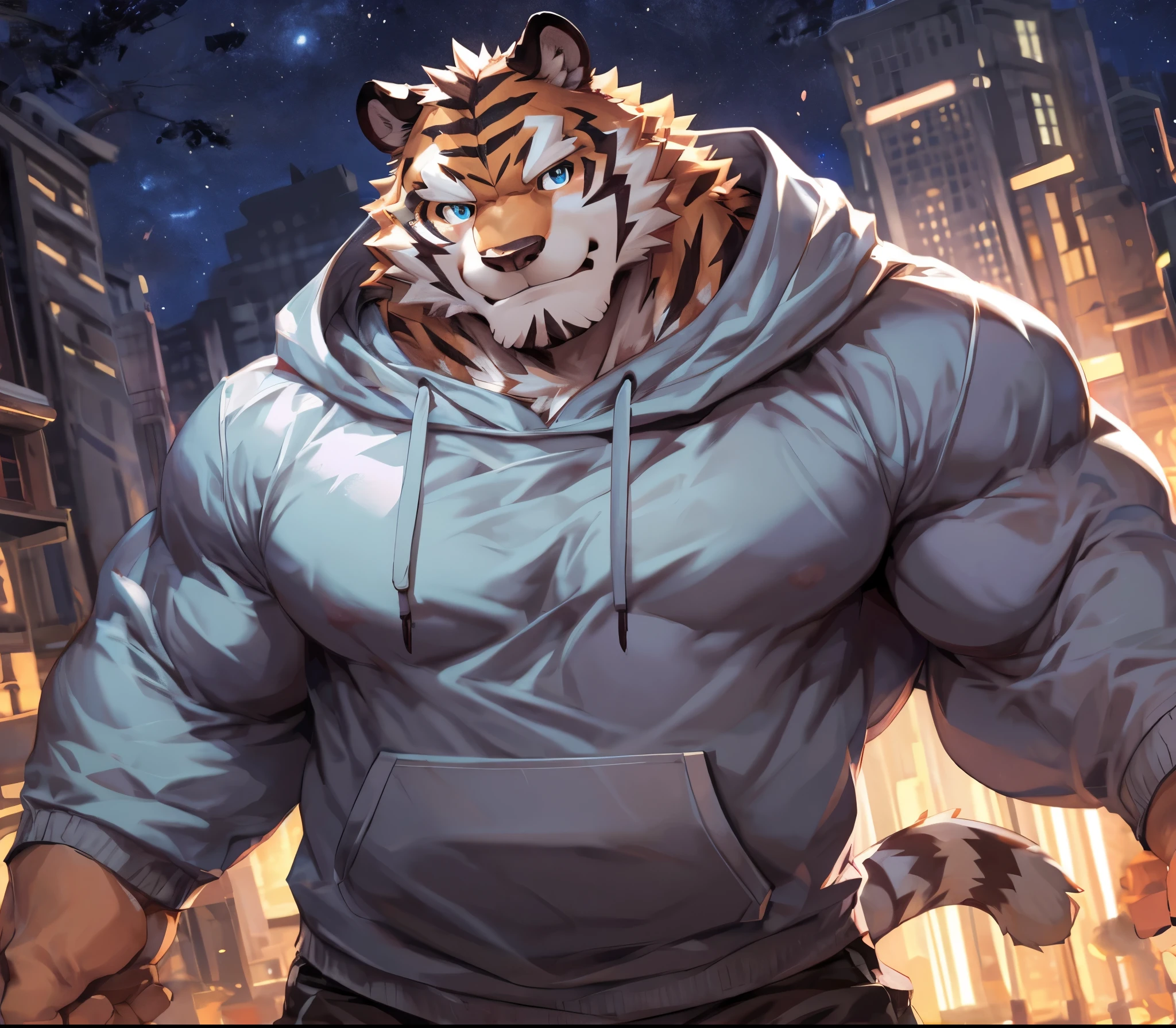 bynamic angle,depth of field, motion blur, absurdres,looking at viewer, (best quality), (masterpiece), (ultra detailed),(detailed eyes),sharp focus,japanese anime,manga,anthro male white tiger,(muscular),big fellow,huge body,((sweatshirt)),sky blue eyes,handsome,night,(flex one’s biceps),by null-ghost,by traver009,by lindong,by pino daeni