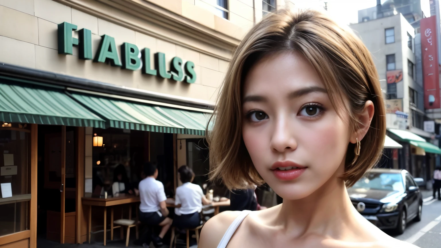 ((highest quality)), ((masterpiece)), (be familiar with), perfect face,Starbucks,spring, (realistic, photo realistic:1.37), High-definition RAW color photos, professional photos, highly detailed face, very fine eyes, highly detailed skin, very fine fingers, highly detailed nose, highly detailed mouth, perfect anatomy, highly detailed background, (famous japanese actress:1.2), (gal:1.3), Brown people, (blonde hair:1.3), Very short cut hair, cafe background, Cafes in New York,