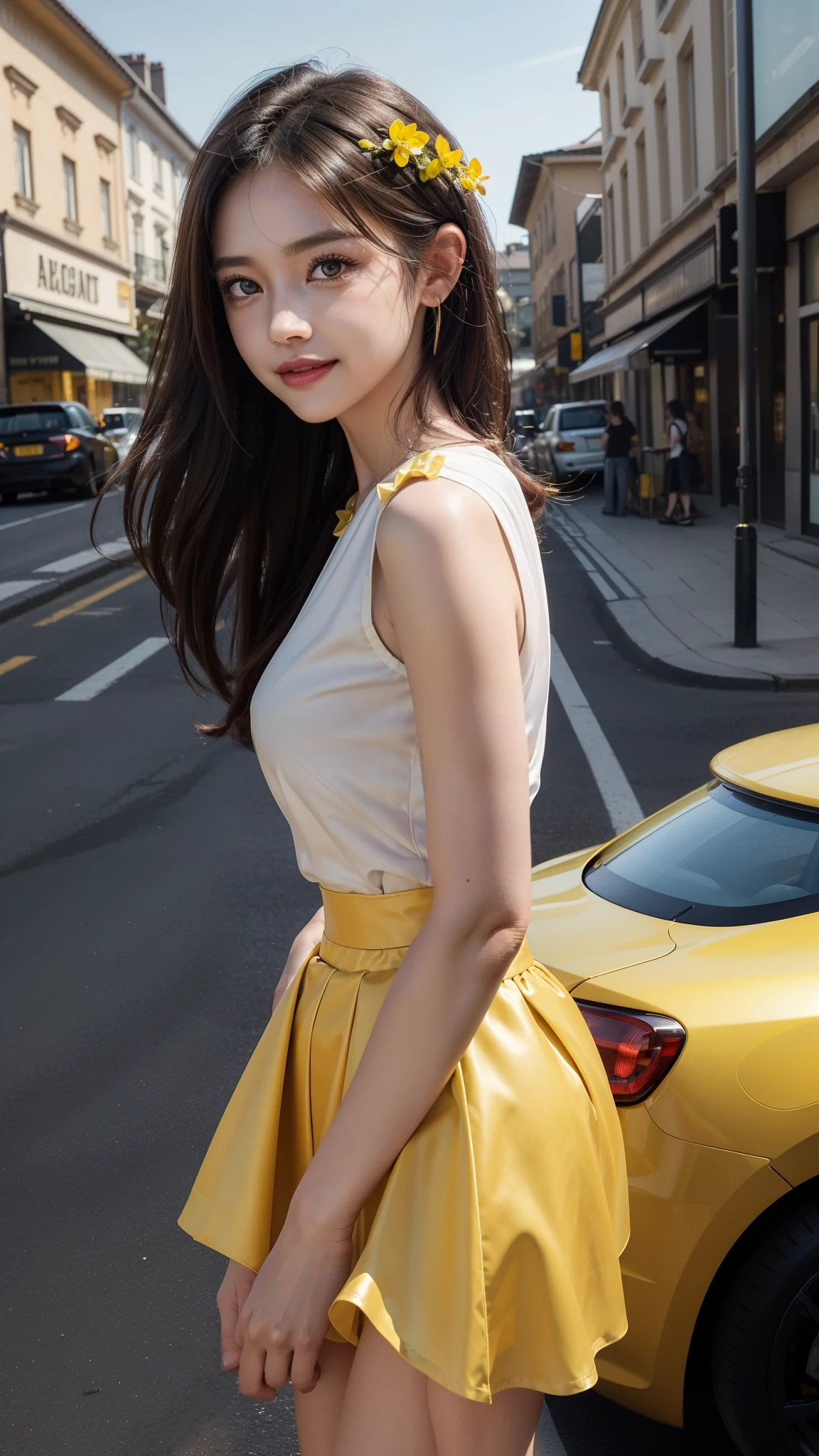 8k, masterpiece, RAW photo, best quality, photorealistic, extremely detailed CG unity 8k wallpaper, Depth of field, Cinematic Light, Lens Flare, Ray tracing, (extremely beautiful face, beautiful lips, beautiful eyes), intricate detail face, ((ultra detailed skin)) 1girl, in the dark, deep shadow, pretty Asian girl, idol, 1 girl, (very slim slender fit-muscled body:1.3), ((looking at viewer)),((big smile:1.3)), (tight Matty satin yellow laced blouse), ((Matty satin yellow color blouse)), ((yellow all vehicles, yellow cars, yellow Paintings, everything is in yellow colour background)), (short sleeve) , (city Day Light), Morning Vibes, (Luxurious shopping streets background), cityscape, rooftops, beautiful earrings, bracelets, necklace, pantyhose, clear eyes, (pale skin), (big eyes), face forward, ((upper body shot)), (Matty silky satin yellow color above knee length skirt), (Black hairs),((Matty satin silky yellow laced skirt)), (looking at viewer:1.3), (very slim), Breast, super round big breasts under the dress, ((flooming laced)), updo hair, mini skirt, short hair, short skirt, 4 Different types poses, Cinematic photography, Sexy angles, medium butt, Yellow flowers in Hands