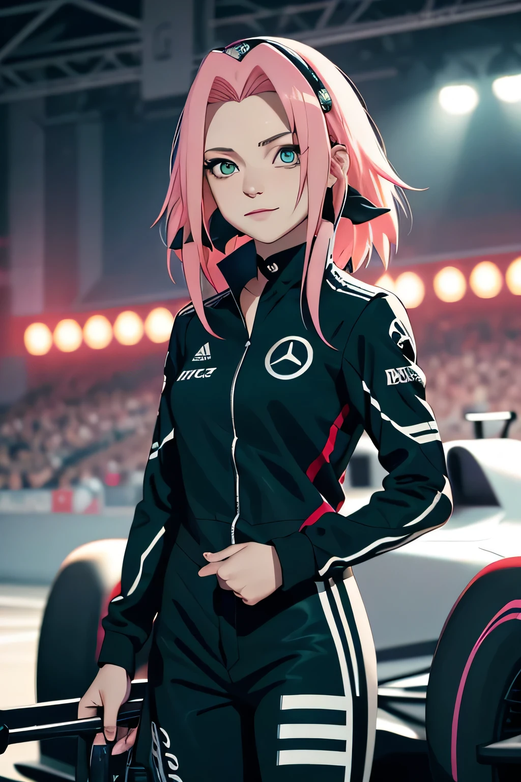 tmasterpiece, Best quality at best, 1girll, Sakura Haruno,Raised sexy,is shy,ssmile,with pink hair, long whitr hair, (Green eyeballs:1.4), Forehead protection, Pole Position, anime style, standing beside car, bright colors, dynamic lighting, shiny finish, attention to detail, full dark black and teal line f1 car, full dark black driver suit with Mercedes logo, exciting atmosphere, vivid expressions