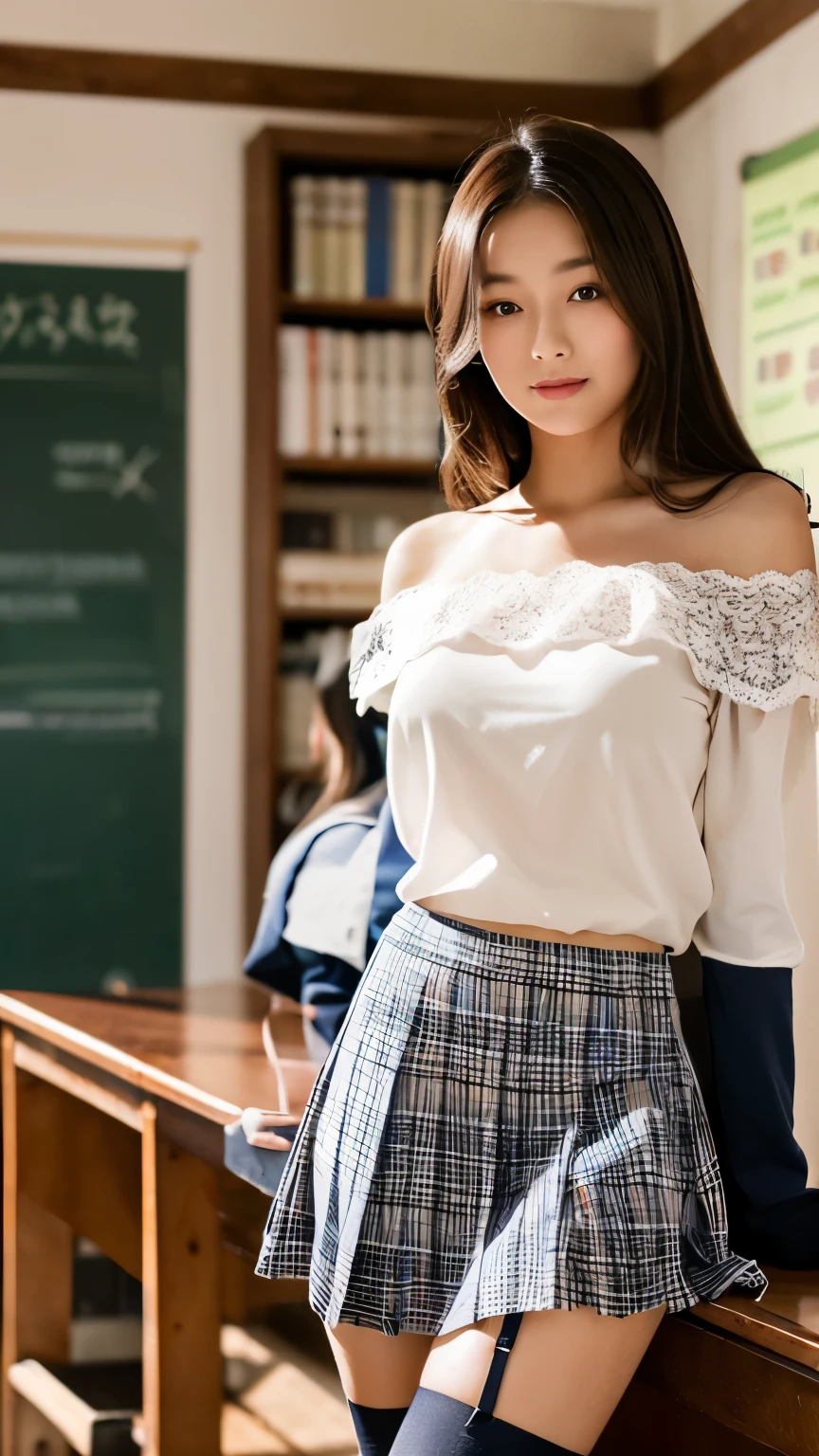 ( Female student standing in the classroom)，Charming eyes，Heartwarming action，Turn your face away from the camera，stooped，Bend over，turn back，Look up at your head，thick and long black hair，Highly detailed body，Highly detailed face，best qualtiy、(P  iNK underwear),(High School Girls),((Off-the-shoulder白のブレザー、emblem on breasts))、(Off-the-shoulder(Translucent blouse)),,((navy check flare skirt)),(Black stockings)、((White lace underwear is visible))