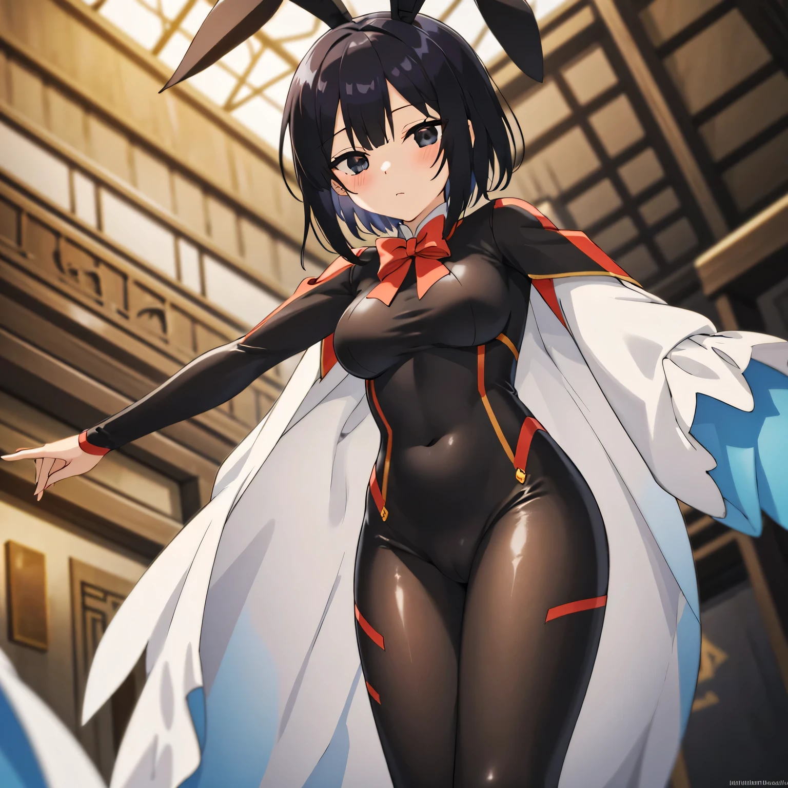 Masterpiece, Best quality, disgust face, Ultra high definition, Maximum resolution,, Very detailed, Professional lighting, clean skin, slender, Very cute, Young face, Slightly smaller breasts, 1girl, Blush, Bow, Breasts, Embarrassing, female focus, From below, Hair bow, short hair, bunny body suit, camel toe,1girl, black hair,black eyes
