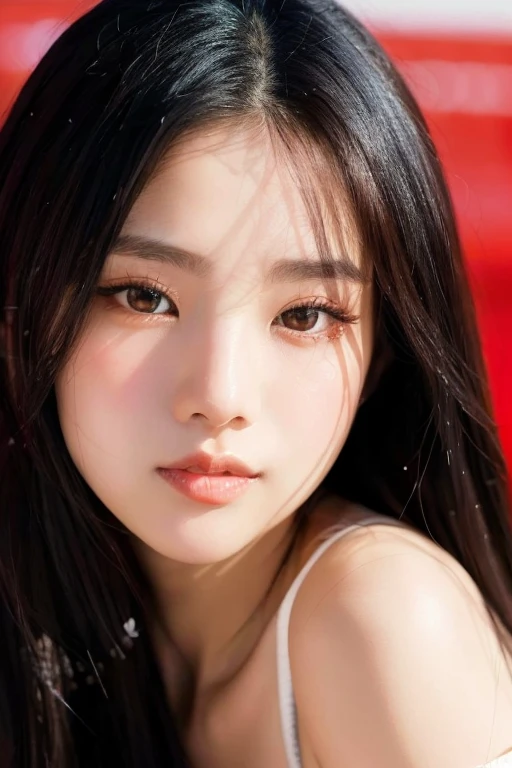 (best quality, highres),beautiful detailed violet eyes,beautiful detailed lips,slim waist and wide hips,long eyelashes,far full-body view,gorgeous face,white shirt, black jeans,distant view,beautiful, detailed face,lady,tattoos,piercing on the eyebrow and lip.