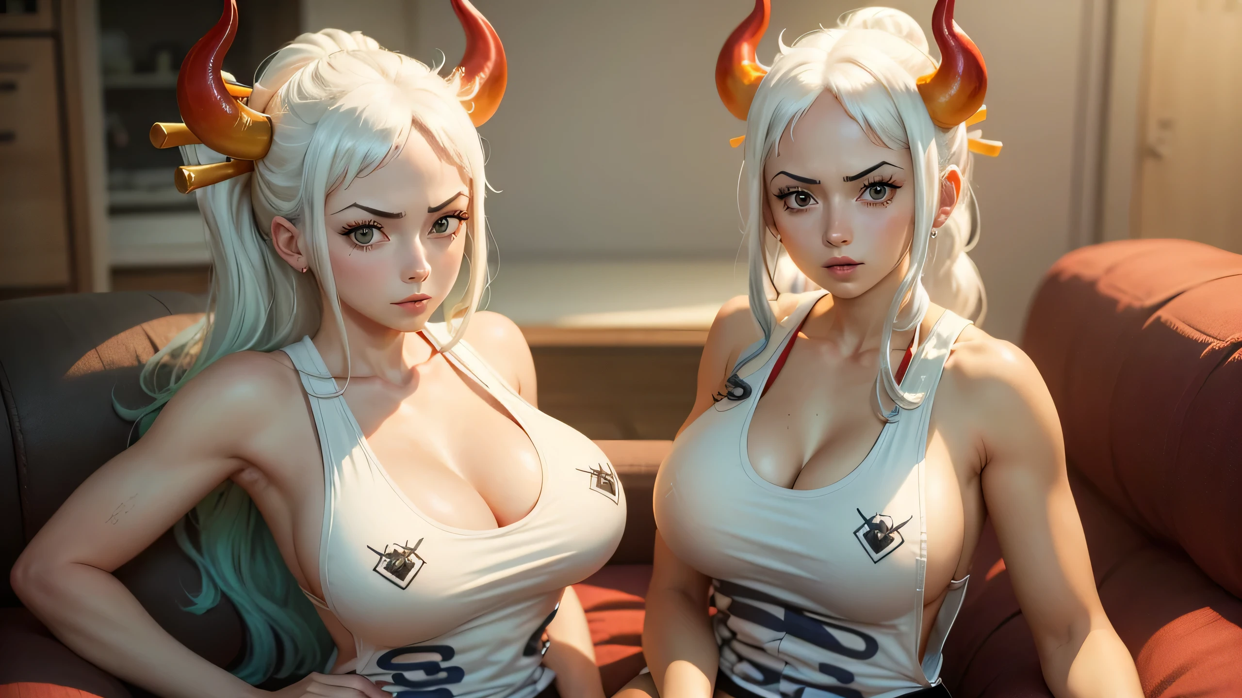 a girl,one piece,yamato,Yamato,tank top,White hair,Red horns, big tits