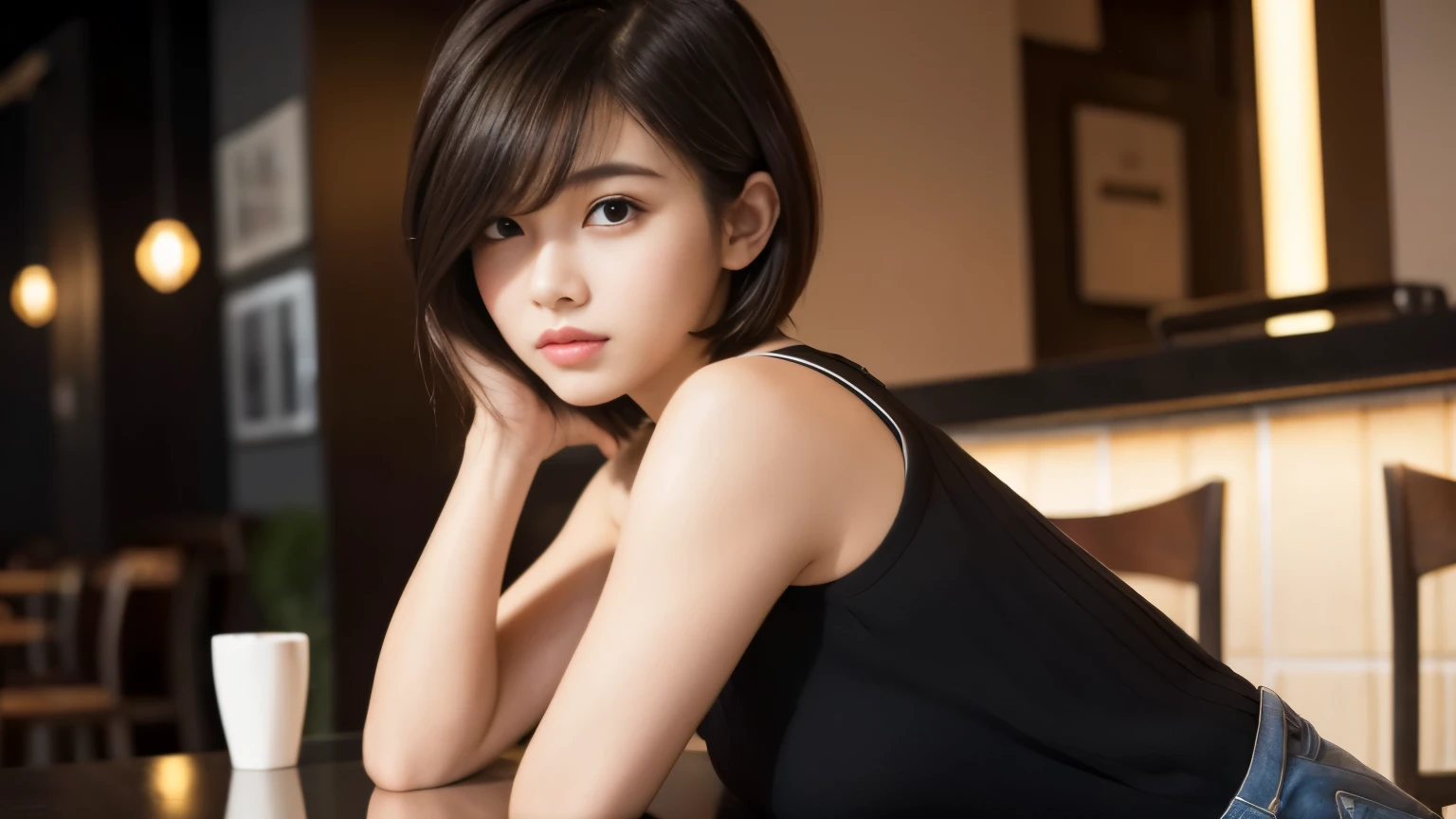 ((masterpiece, highest quality, High resolution)), 1 girl, (realistic: 1.4), Japanese, 20-year-old, Mannish short hair is stylish. A stylish face type, Exude a cool and confident attitude. The background is a stylish cafe interior with professional lighting., And she&#39;s posing directly for the camera, Exudes something strong, Confident presence. Her outfit complements her mannish and stylish look, Perfect match for her short hair and stylish personality, (draw the upper body, shoulder),
