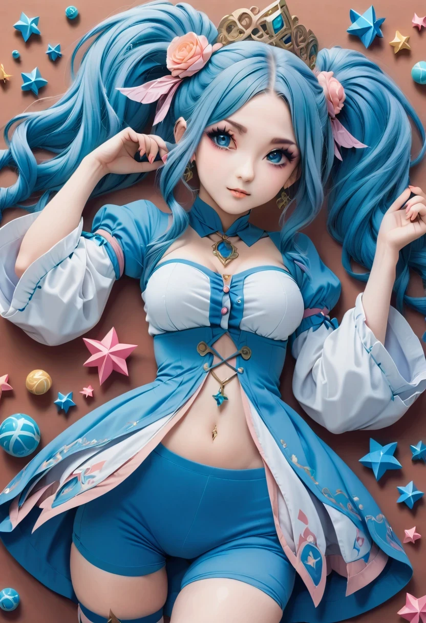 (best quality, highres). Describe a stylish magical woman with voluminous, expansive blue hair that demands attention, cute magic aisha hanabi. The illustration should showcase the girl with intricately folded origami hair that is both cute and magical, while also being extremely bulky. Capture the essence of whimsical charm and slave-inspired magic in the illustration. 