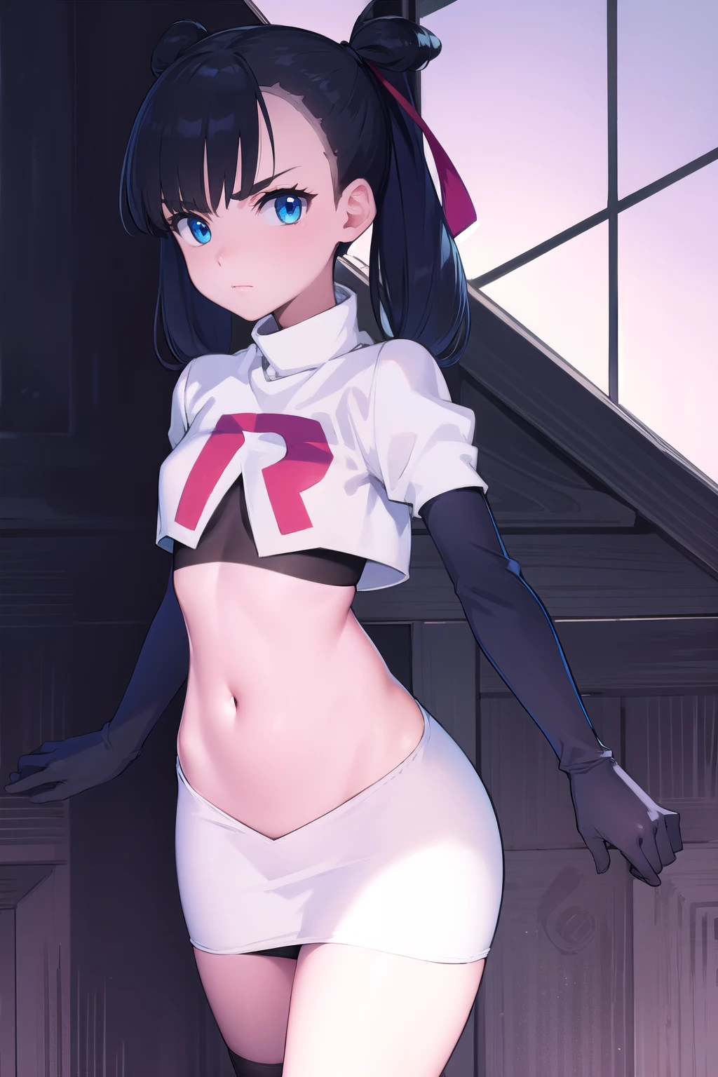 pokemonmarnie, pokemonmarnie, aqua eyes, asymmetrical bangs, asymmetrical hair, black hair, hair ribbon, long hair, red ribbon, ribbon, twintails, (small breasts:1.2),
BREAK earrings, jewelry, team rocket,team rocket uniform, red letter R, white skirt,white crop top,black thigh-highs,black elbow gloves
BREAK looking at viewer,
BREAK (masterpiece:1.2), best quality, high resolution, unity 8k wallpaper, (illustration:0.8), (beautiful detailed eyes:1.6), extremely detailed face, perfect lighting, extremely detailed CG, (perfect hands, perfect anatomy),