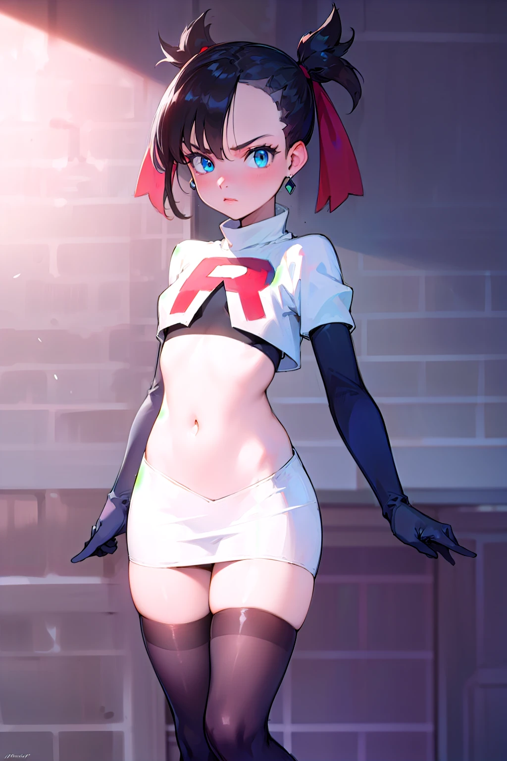 pokemonmarnie, pokemonmarnie, aqua eyes, asymmetrical bangs, asymmetrical hair, black hair, hair ribbon, long hair, red ribbon, ribbon, twintails, (small breasts:1.2),
BREAK earrings, jewelry, team rocket,team rocket uniform, red letter R, white skirt,white crop top,black thigh-highs,black elbow gloves
BREAK looking at viewer,
BREAK (masterpiece:1.2), best quality, high resolution, unity 8k wallpaper, (illustration:0.8), (beautiful detailed eyes:1.6), extremely detailed face, perfect lighting, extremely detailed CG, (perfect hands, perfect anatomy),