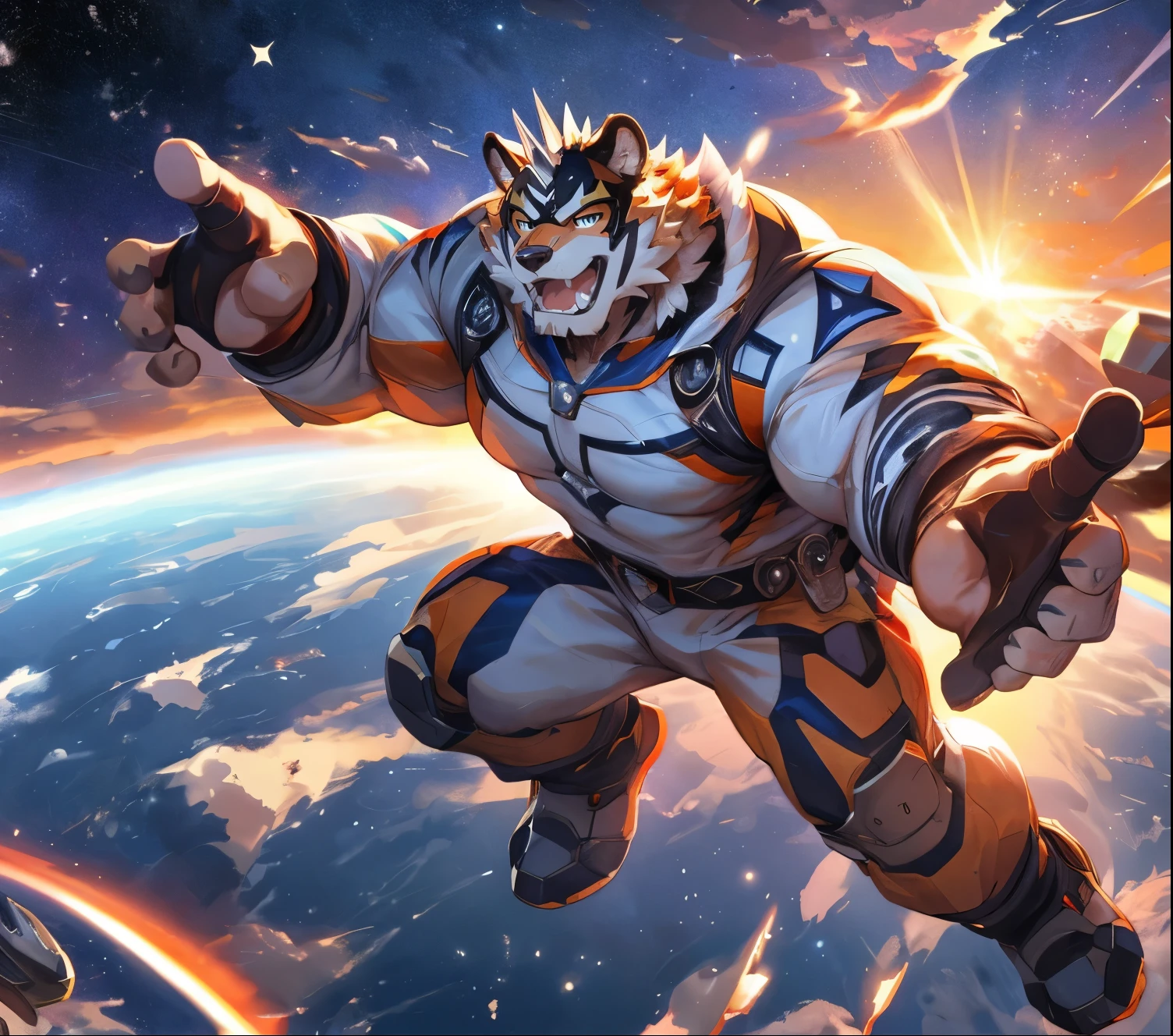 masterpiece,high quality,anime,detailed eyes,furry male White Tiger, Ryekie, Great physique,strong arms manly, Floating in space, Battleships, Star Pajama suit, (Sunrise), Shimmering Stars, asteroids, Joyful, by null-ghost,by pino daeni