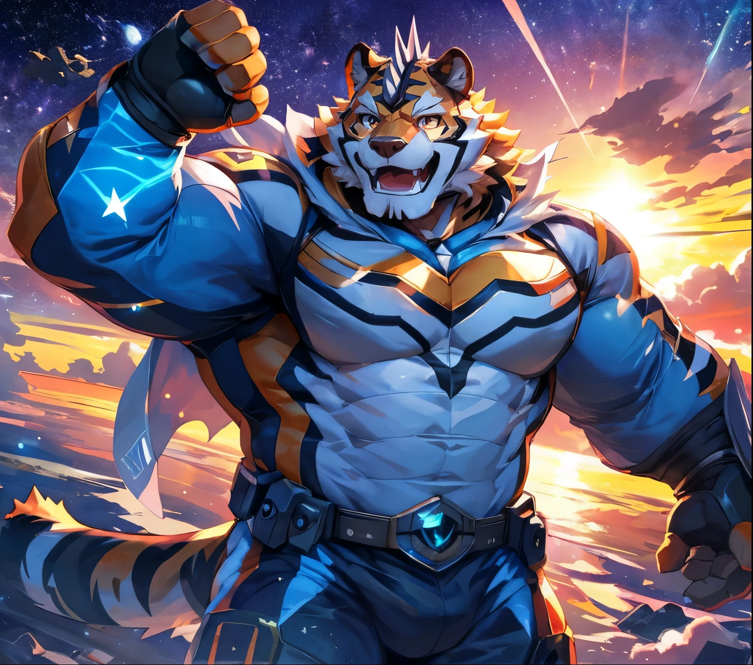 masterpiece,high quality,anime,detailed eyes,furry male White Tiger, Ryekie, Great physique,strong arms manly, Floating in space, Battleships, Star Pajama suit, (Sunrise), Shimmering Stars, asteroids, Joyful, by null-ghost,by pino daeni