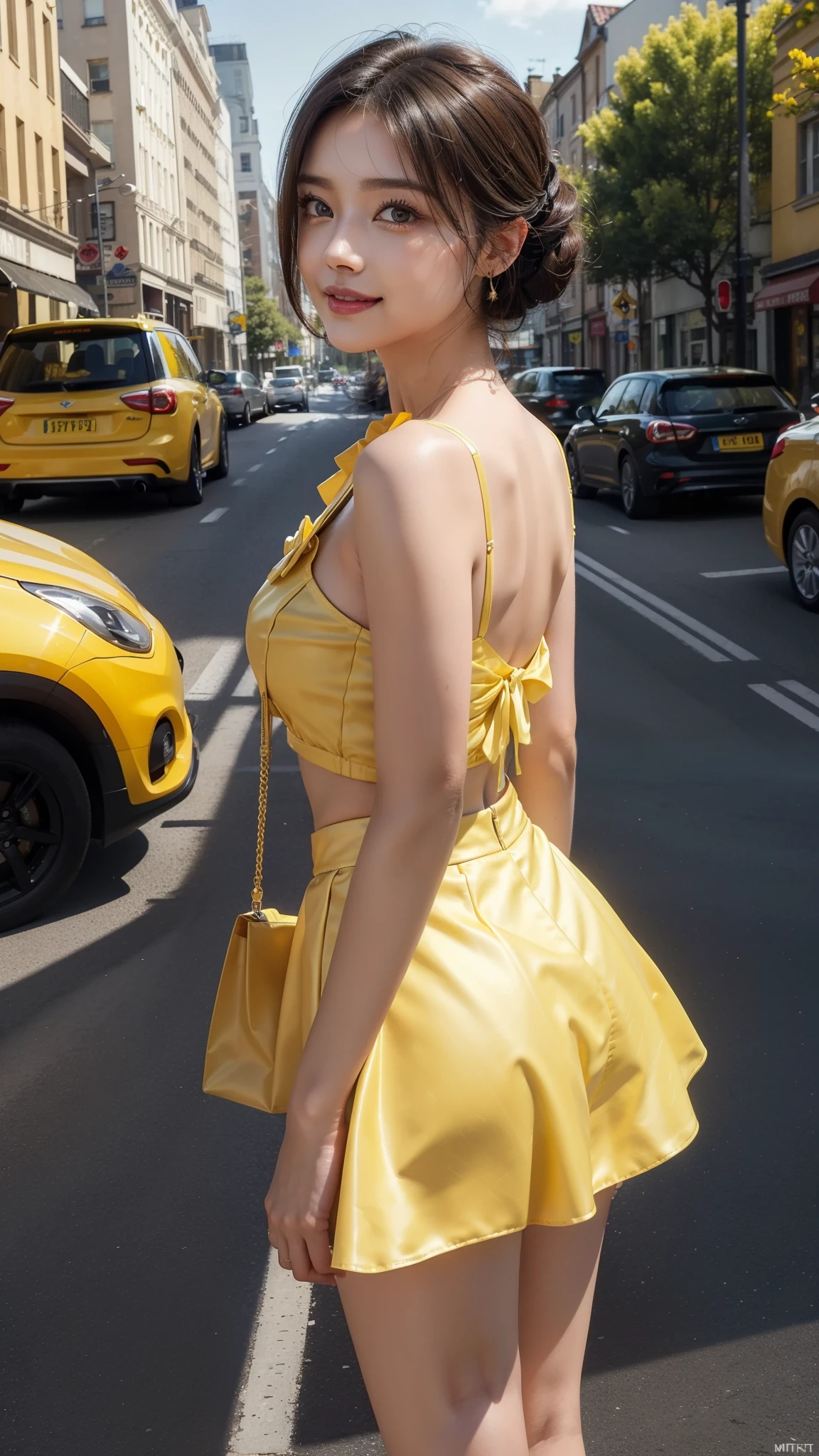 8k, masterpiece, RAW photo, best quality, photorealistic, extremely detailed CG unity 8k wallpaper, Depth of field, Cinematic Light, Lens Flare, Ray tracing, (extremely beautiful face, beautiful lips, beautiful eyes), intricate detail face, ((ultra detailed skin)) 1girl, in the dark, deep shadow, pretty Asian girl, idol, 1 girl, (very slim slender fit-muscled body:1.3), ((looking at viewer)),((big smile:1.3)), (tight Matty satin yellow laced blouse), ((Matty satin yellow color blouse)), ((yellow all vehicles, yellow cars, yellow Paintings, everything is in yellow colour background)), (short sleeve) , (city Day Light), Morning Vibes, (biggest Highway with fully vehicles in background), ((Yellow flowers in hair)), Yellow hand bag, yellow shops painting, yellow shopping bag, cityscape, rooftops, beautiful earrings, bracelets, necklace, pantyhose, clear eyes, (pale skin), (big eyes), face forward, ((upper body shot)), (Matty silky satin yellow color above knee length skirt), (Black hairs),((Matty satin silky yellow laced skirt)), (looking at viewer:1.3), (very slim), Breast, super round big breasts under the dress, ((flooming laced)), updo hair, mini skirt, short hair, short skirt, 4 Different types poses, Cinematic photography, Sexy angles, medium butt, Yellow flowers in Hands 