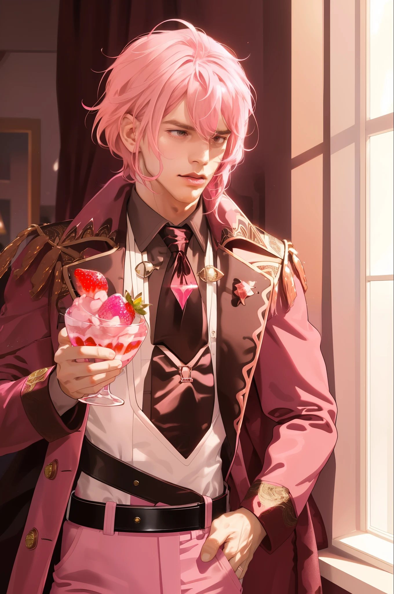 1 male solo, mature, handsome, tall muscular guy, broad shoulders, ((pink hair)), pink coat, brown pants, black tie with pink strawberry crystal, pink tones, holding a strawberry creme sessert, pink light from the window ((wearing 2 belts))