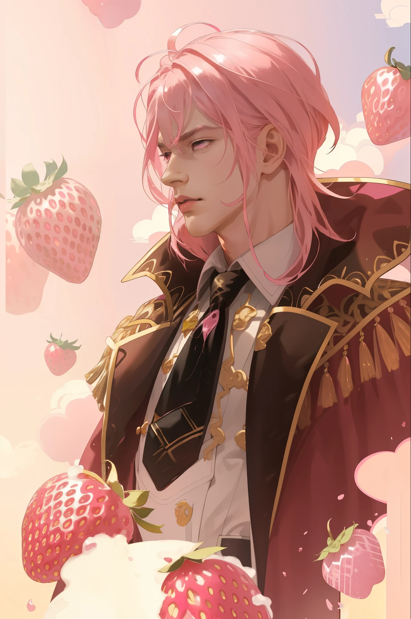 1 male solo, mature, handsome, tall muscular guy, broad shoulders, ((pink hair)), pink coat, brown pants, black tie with pink strawberry crystal, pink tones, strawberries in creme clouds, pink eyes