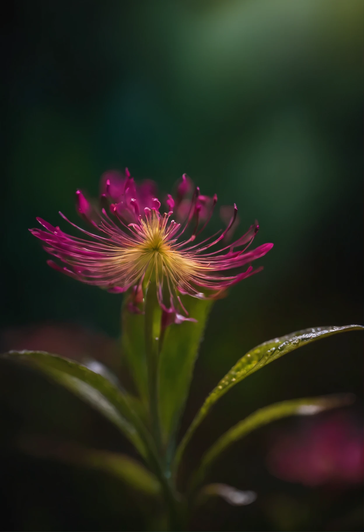 close-up de uma raposa em uma floresta encantada, noite, vaga-lumes, Volumetric Haze, Halation, flor, dramatic atmosphere, Centralizado, thirds rule, 200mm macro launch 1.4T