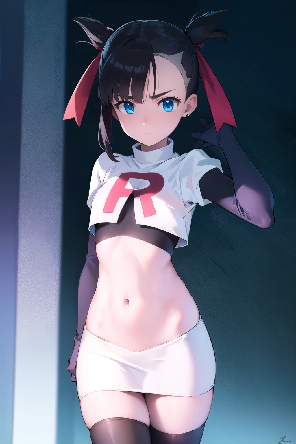 pokemonmarnie, pokemonmarnie, aqua eyes, asymmetrical bangs, asymmetrical hair, black hair, hair ribbon, long hair, red ribbon, ribbon, twintails, (small breasts:1.2),
BREAK earrings, jewelry, team rocket,team rocket uniform, red letter R, white skirt,white crop top,black thigh-highs,black elbow gloves
BREAK looking at viewer,
BREAK (masterpiece:1.2), best quality, high resolution, unity 8k wallpaper, (illustration:0.8), (beautiful detailed eyes:1.6), extremely detailed face, perfect lighting, extremely detailed CG, (perfect hands, perfect anatomy),