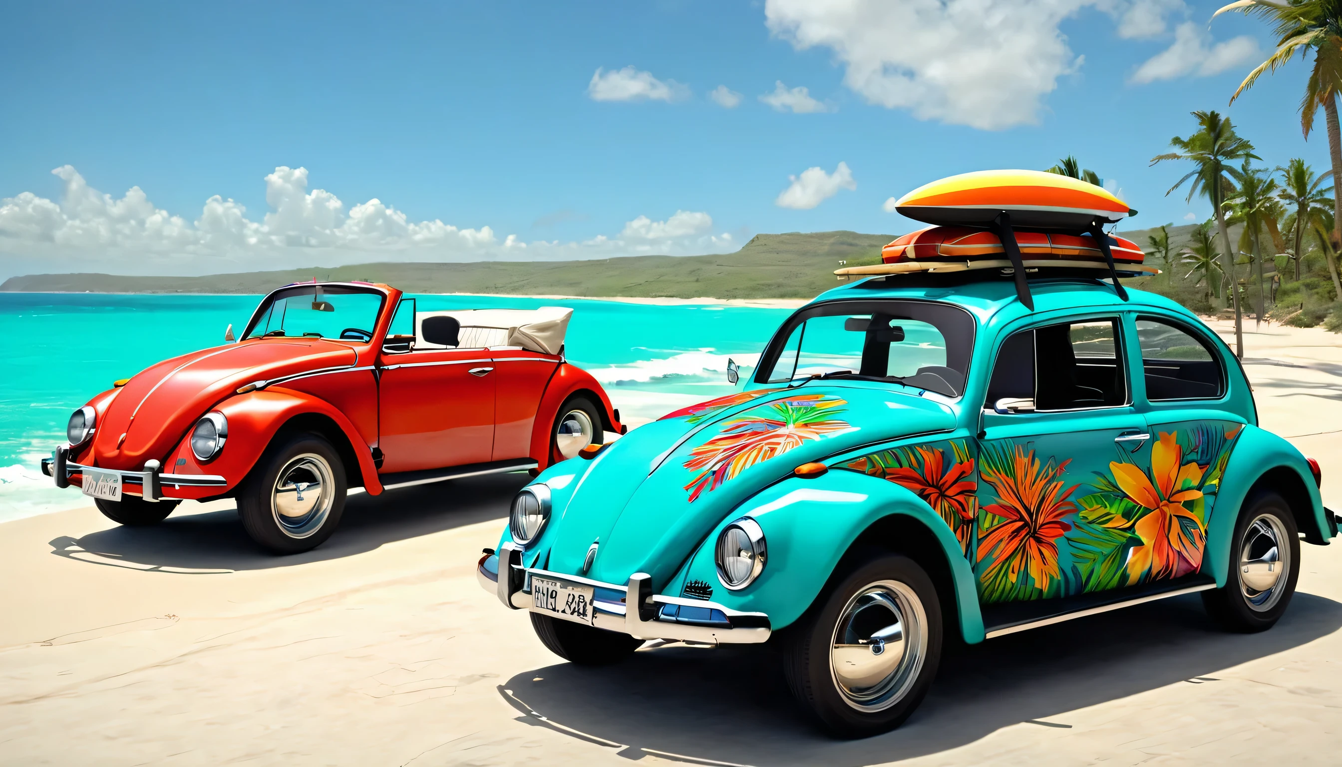 A stunning, artistic representation of the VW Beetle in three different settings across America, Mexico, and the Caribbean. In the first scene, the Beetle is on a windswept, open road in the United States, with a stunning landscape stretching into the horizon. The car is adorned with rooftop luggage and a surfboard, ready for an adventure. In the second scene, set in a bustling Mexican city, the Beetle is decorated with vibrant colors and patterns, reflecting the local culture, while the cityscape is alive with people, music, and energy. In the final scene, the Beetle is parked on a pristine Caribbean beach, surrounded by palm trees and turquoise waters. The car's convertible top is down, and a cheerful group of people is gathered around it, enjoying the sun and the sea.